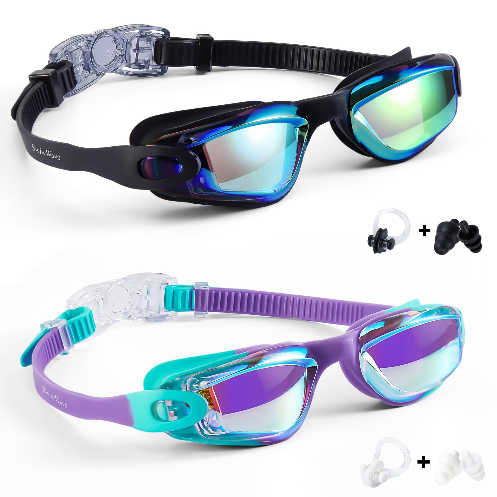 SwiwWave Swimming Goggles 2 Pack for Kids 3-14, No Leak with Storage Case