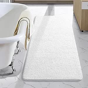LOCHAS Luxury Bathroom Rug Shaggy Bath Mat 24 x 48 Inch, Washable Non Slip Bath Rugs for Bathroom Shower, Soft Plush Chenille Absorbent Carpets Mats, White
