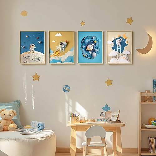 Miniatura 2 de Arte de pared enmarcado de astronauta espacial para decoración de guardería, 4 piezas temáticas de lienzo con temática del espacio exterior, cuadros