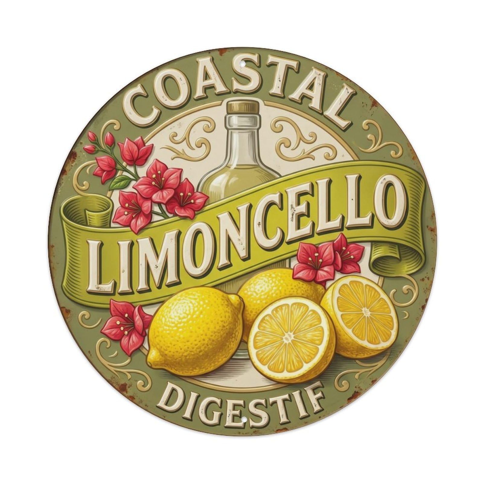 Fqcyn Style Coastal Digestif Limoncello Metal Tin Sign Plaque Wall Decor For Cafe, Club Bar, Office, Home Garden Round Metal Poster 8X8inch