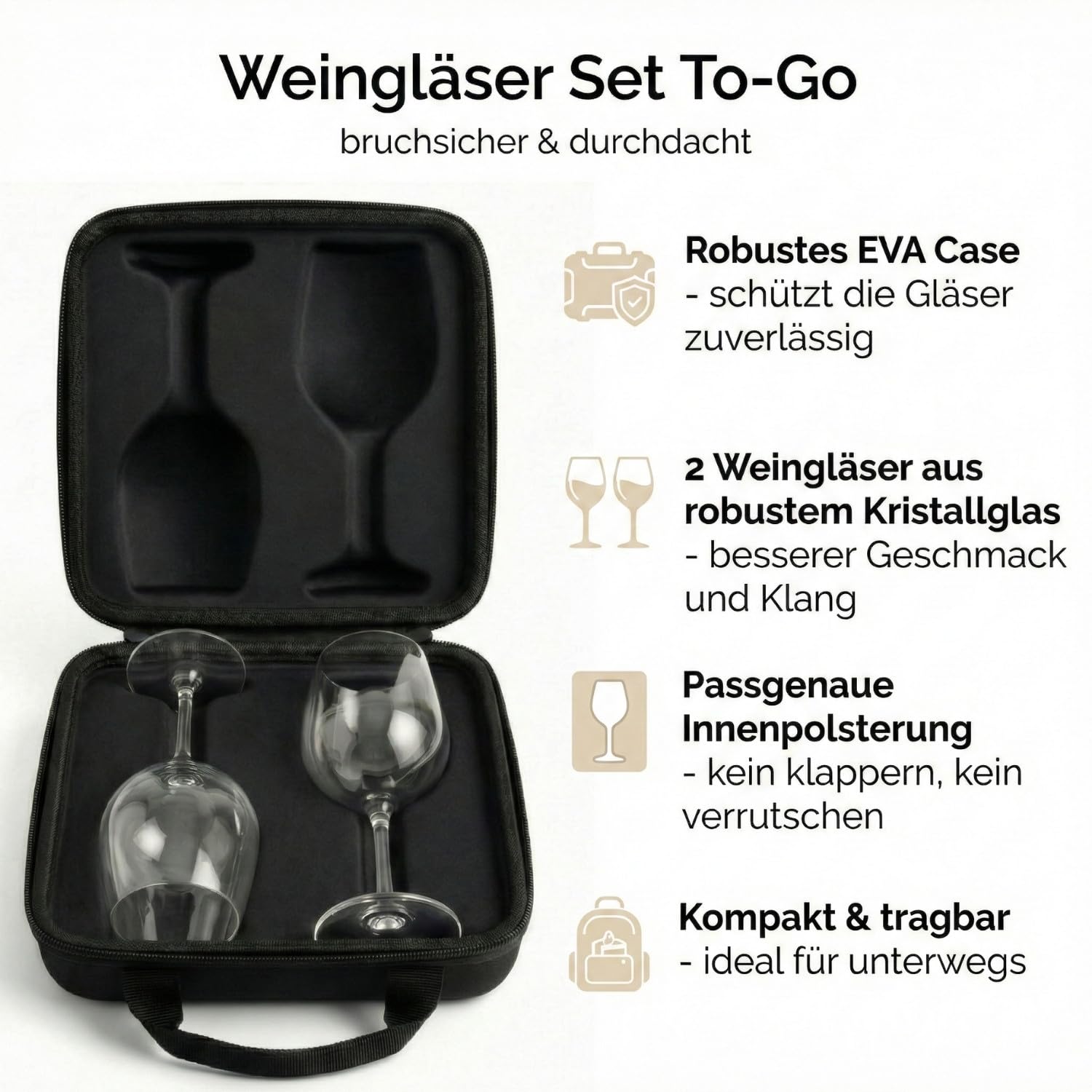 Breezio 2 Weingläser to go mit Schutzcase – Weinglas to go aus gehärtetem Glas | 2 Camping Weingläser mit passgenauem Case | Bruchsichere Weingläser dank passgenauem EVA hartschalen Case