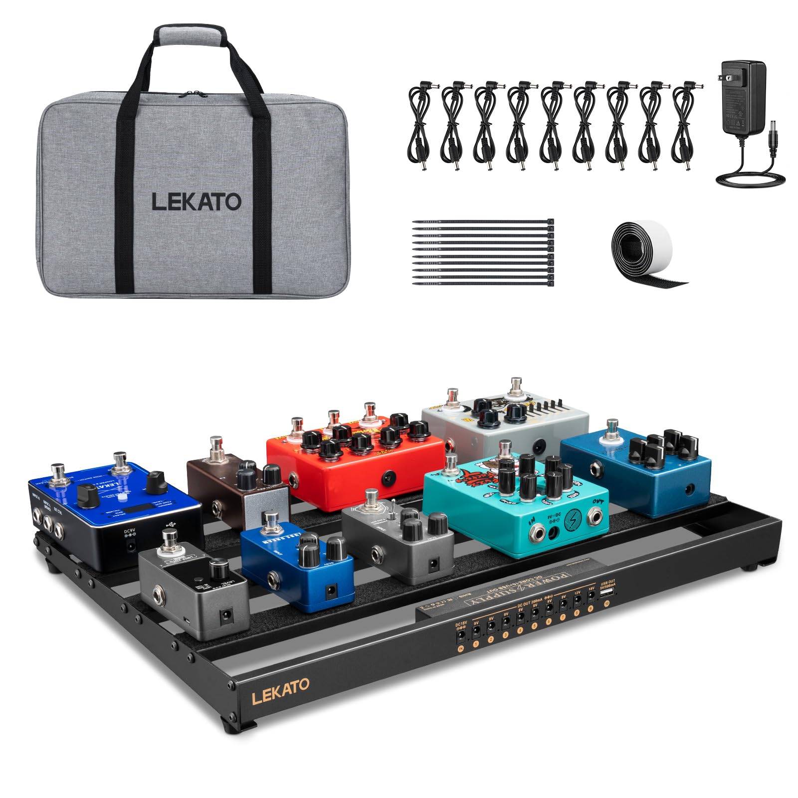 – LEKATO Pedal Board with Built-in Power Supply, 19.1 * 12.2 * 1.8 in Large Effect Pedalboard, Aluminum Alloy PedalBoard Set with Carrying Bag, Pedal Cables, Sticker