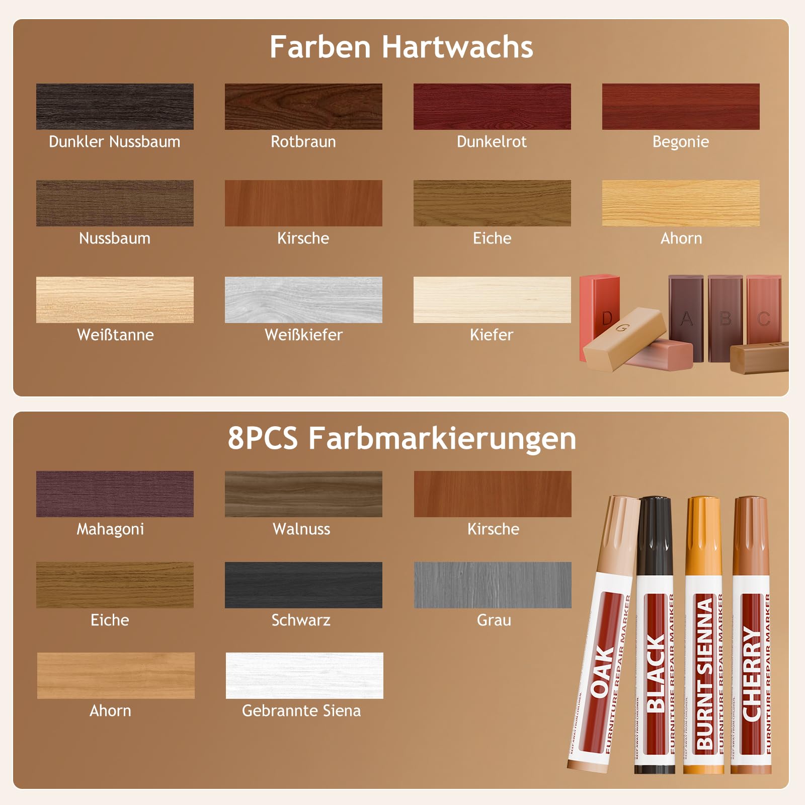 Kit de réparation pour stratifié - Kit de réparation pour parquet avec 11 couleurs de cire dure, solution simple pour réparer les rayures, les trous, l'usure sur le bois, kit de réparation en vinyle