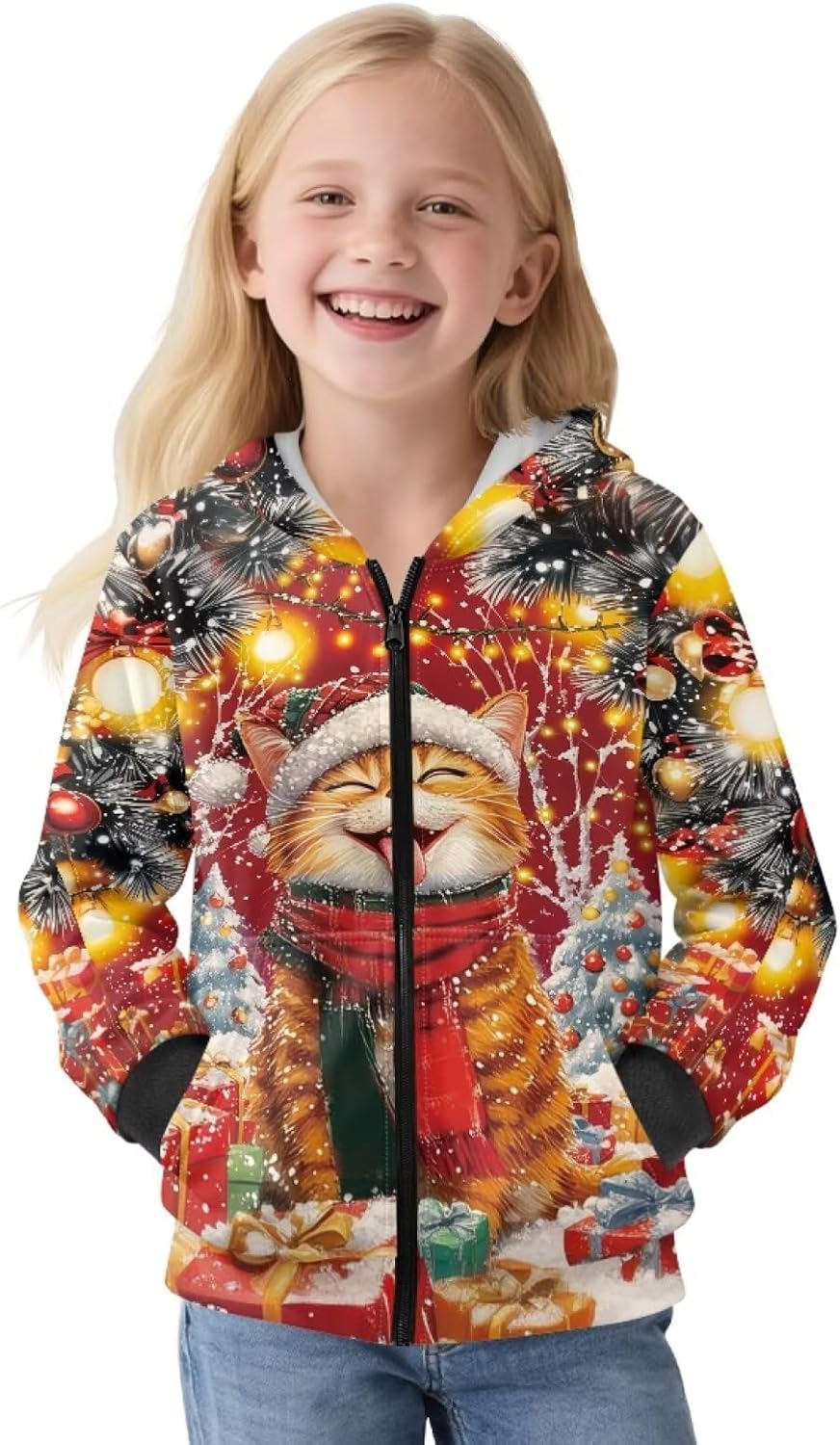 WELLFLYHOM Christmas Zipper Sweatshirts for Girls Boys 6-16 Fleece Lining Sweater Long Sleeve Hoodies with Pocket