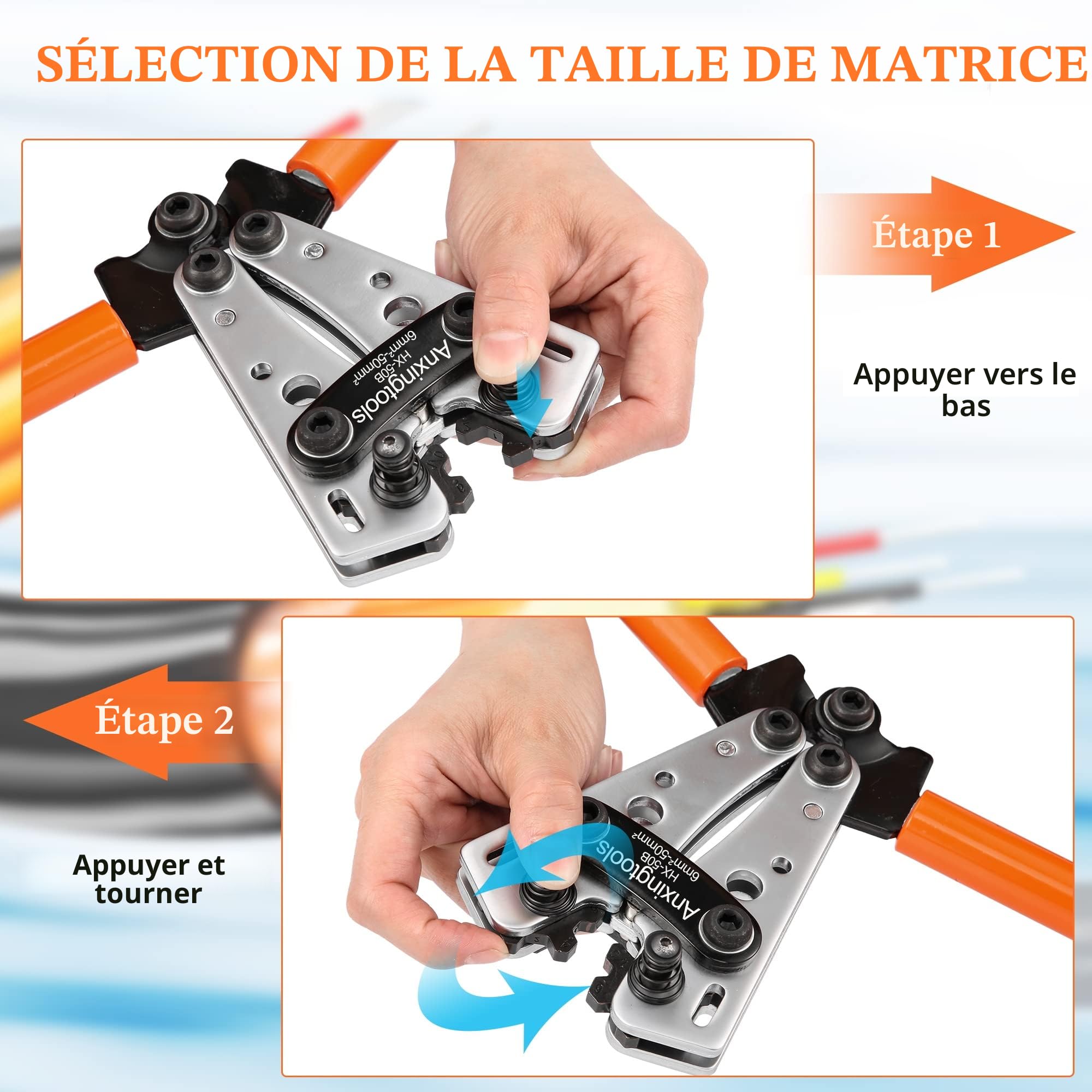 Outil de sertissage de câble de batterie pour bornes à anneau en cuivre de batterie 6/10/16/25/35/50 mm², cosses en cuivre, pince à sertir robuste pour cosses de fil (HX50B crimper+terminals)