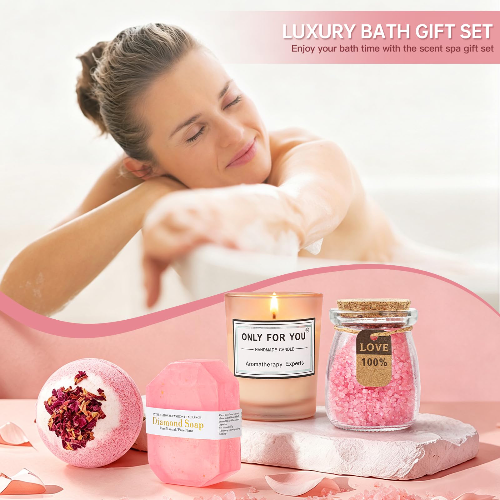 Cesto regalo per donne, regalo di compleanno Get Well Spa per la cura di sé per mamma, moglie, lei, coperta rilassante in flanella con calzini a candela rosa (rosa)