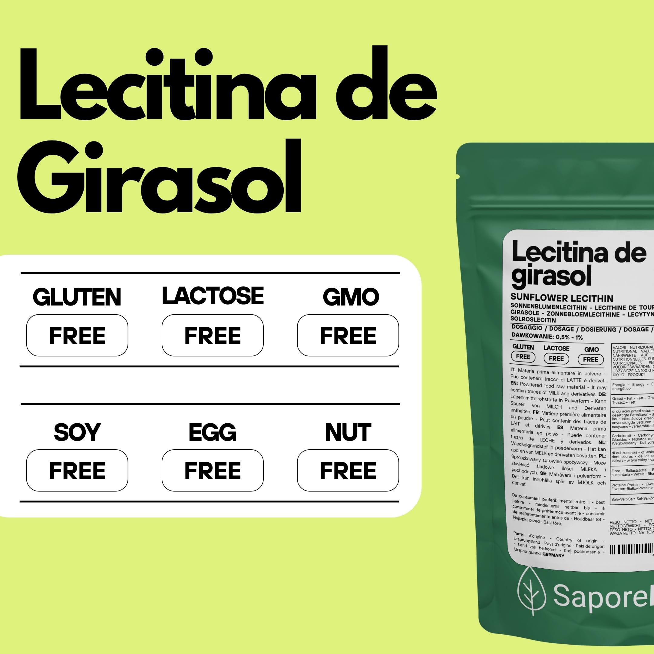 SaporePuro Lecitina de Girasol en Polvo 100 g – Emulsionante Natural SIN GLUTEN