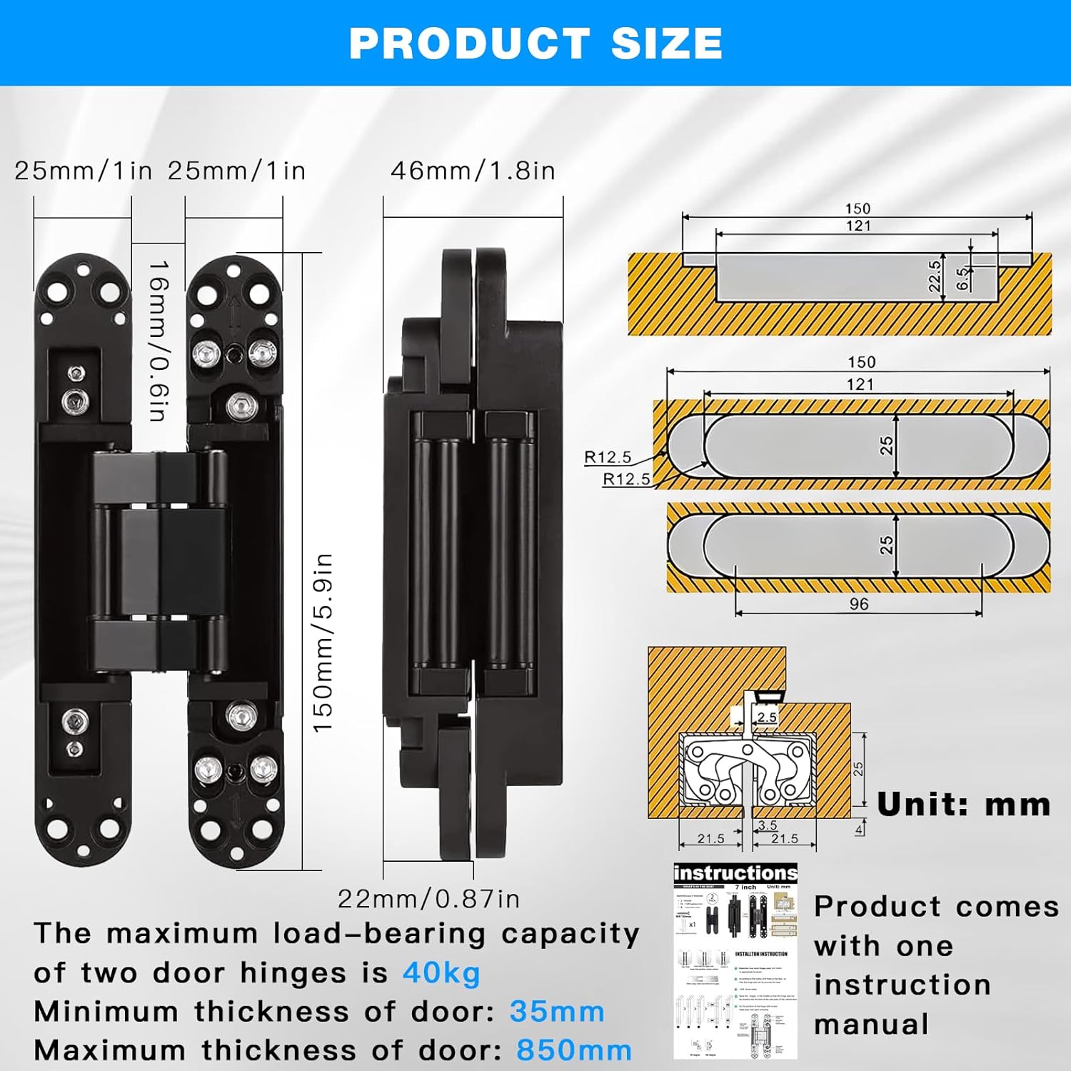 Pacify Hidden Door Hinges, 6 Inch Bige Size 2 PCS Invisible Hinges Heavy Duty, Concealed Hinges 180 Degree Swing Hinge 3D Adjustable Butt Hinges with Capacity up to 88lb
