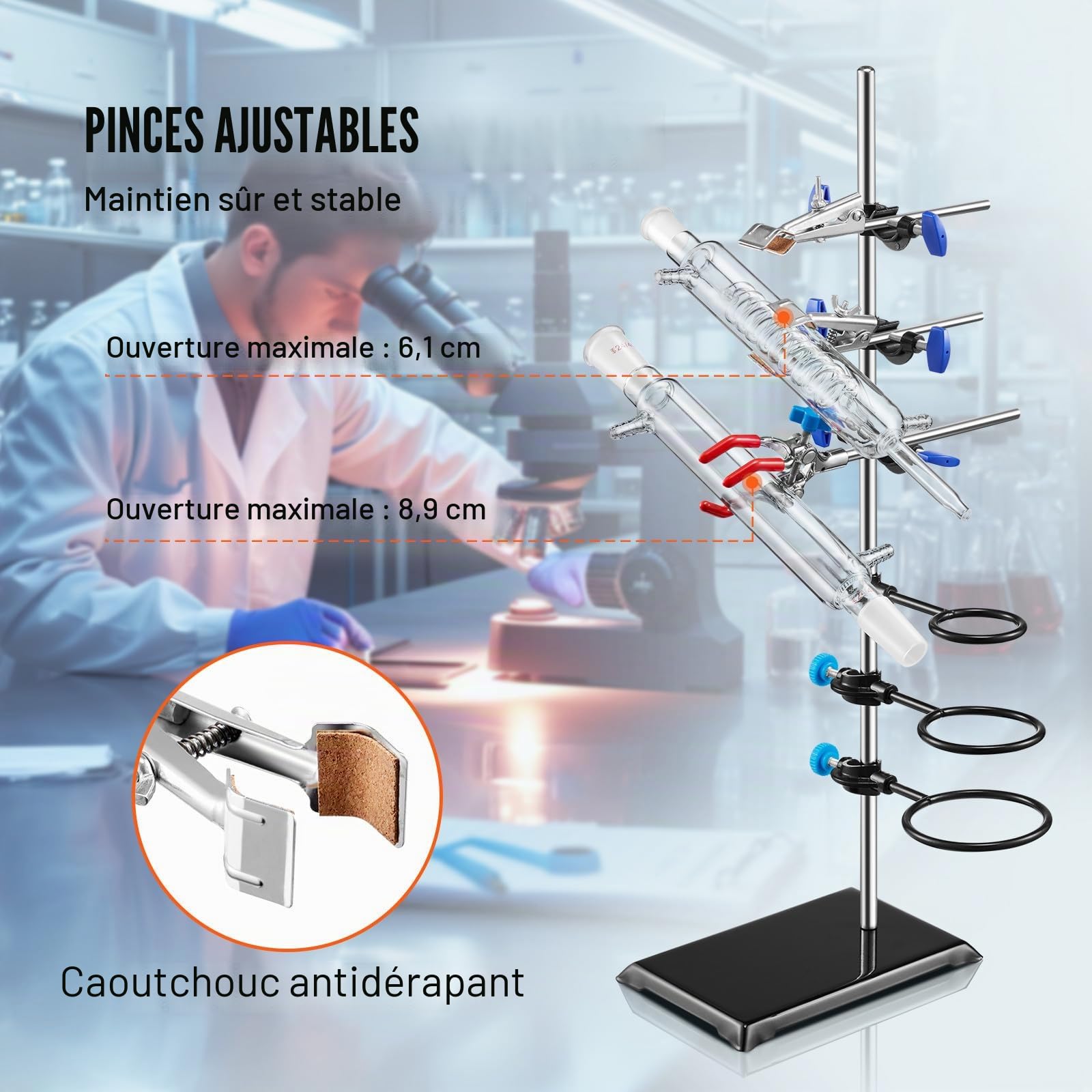 VEVOR Support de Retort Laboratoire 6 Pinces 3 Cerceaux, Kit de Support Lab 60CM, Base Stable pour Verrerie Chimique