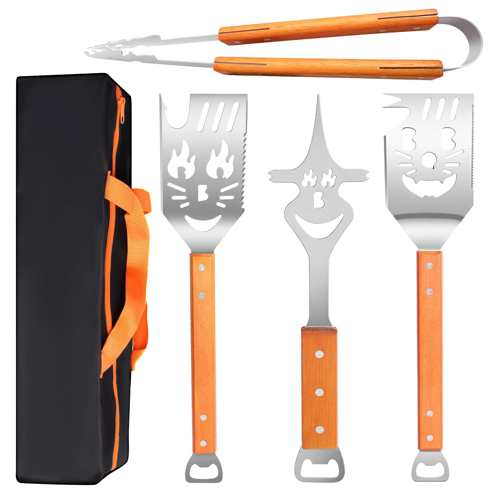 Ensemble d'ustensiles de barbecue en acier inoxydable 4 pièces avec pinces, spatule, fourchette à viande, manches en bois
