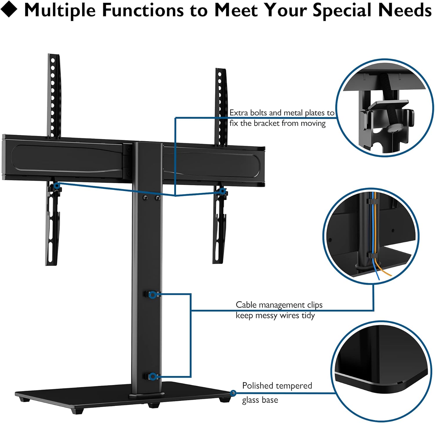 Cable management clips and tempered glass base
