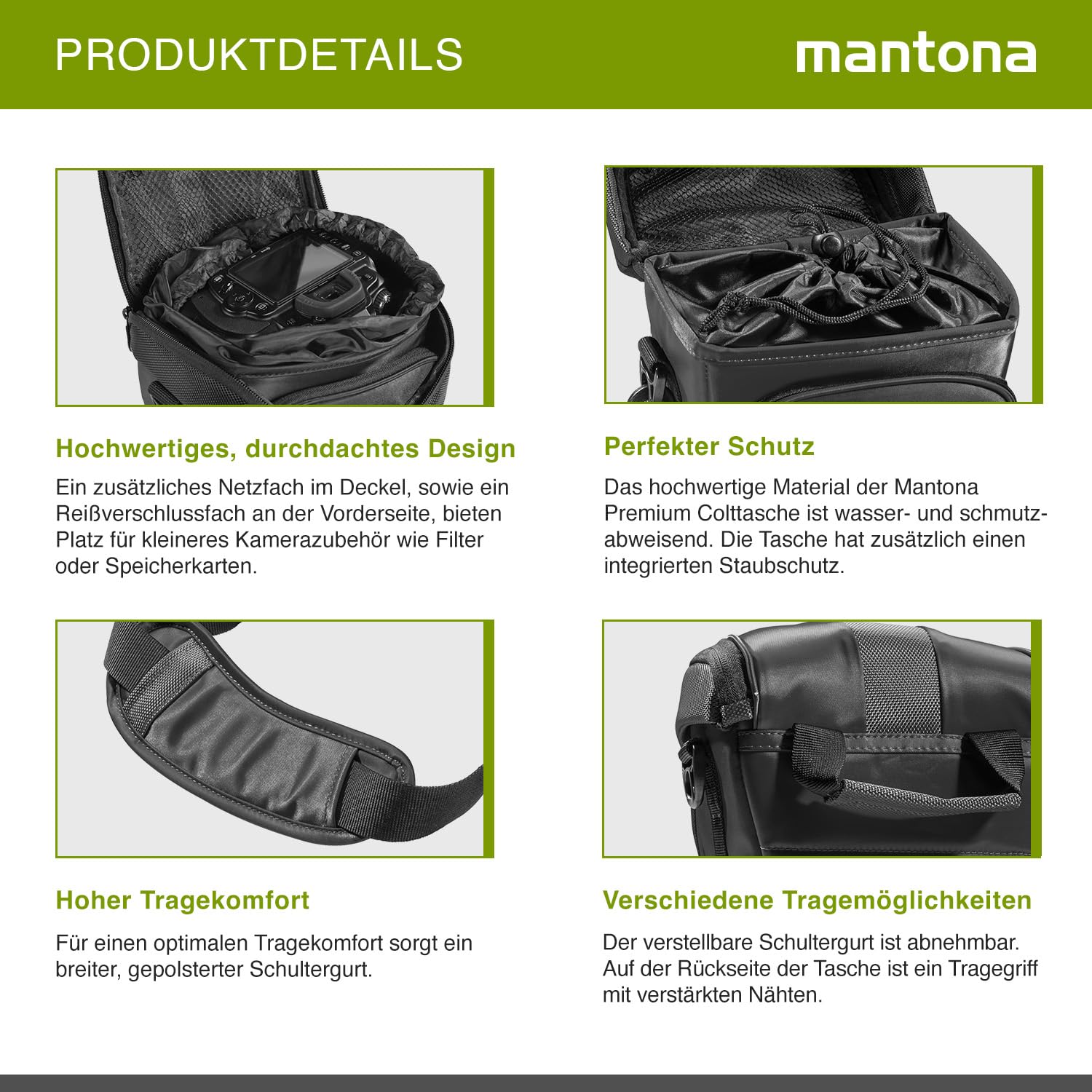 Mantona Sacoche Appareil Photo DSLR - Étanche, Compartiment Accessoires, Sangle bandoulière, Parfait pour Reflex, Compact et Hybride