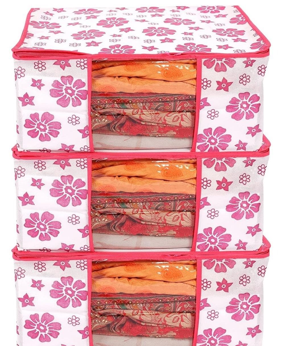 Set of 3 Floral Printed Saree Storage Bags with Transparent Window – Foldable Cloth Wardrobe Organizer for Sarees, Suits & Seasonal Clothes (Pink)