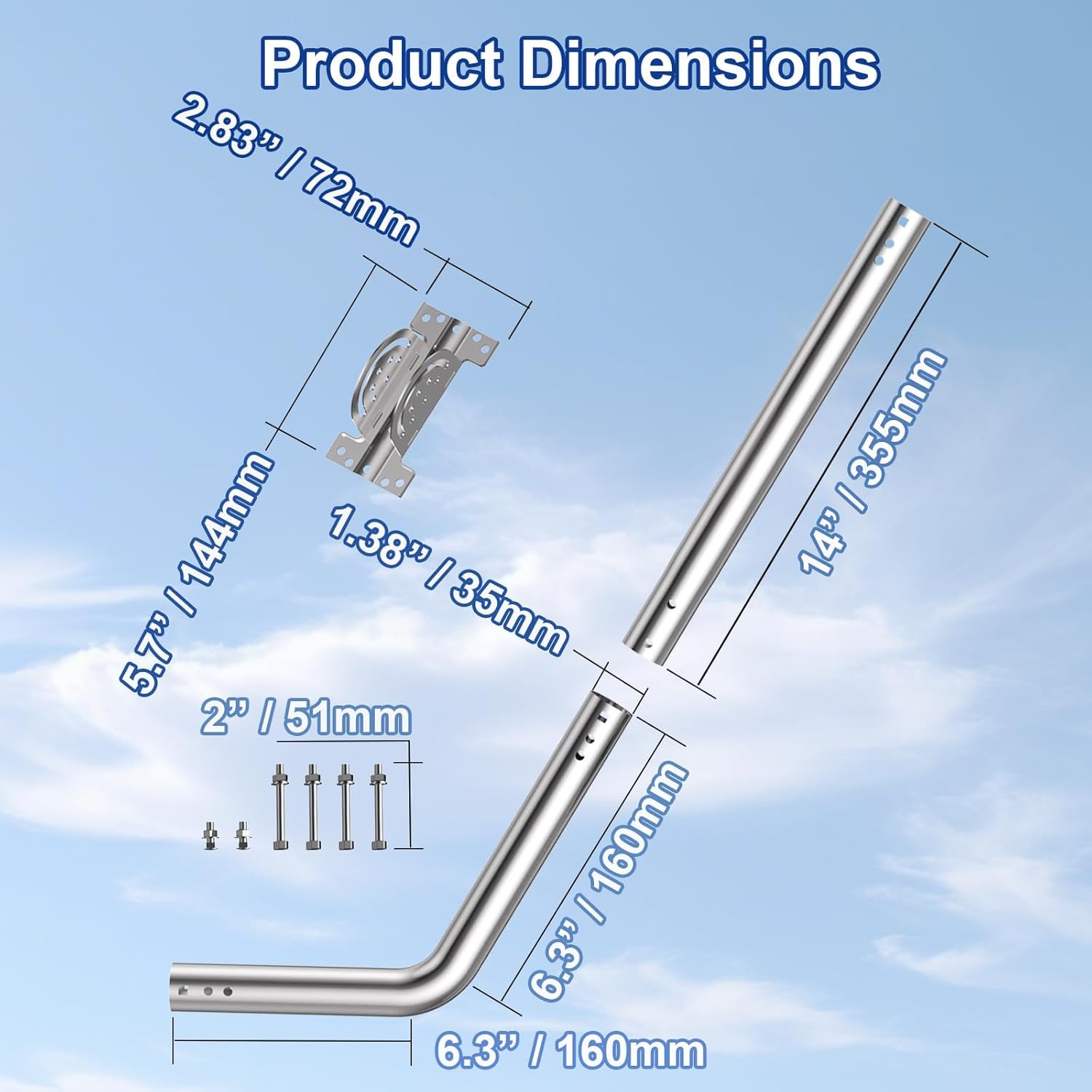 Antenne support, mât câble J-tube en acier inoxydable antirouille (tige 3,5 cm x 60 cm) Convient pour les installations sur de longs murs, toits, gouttières