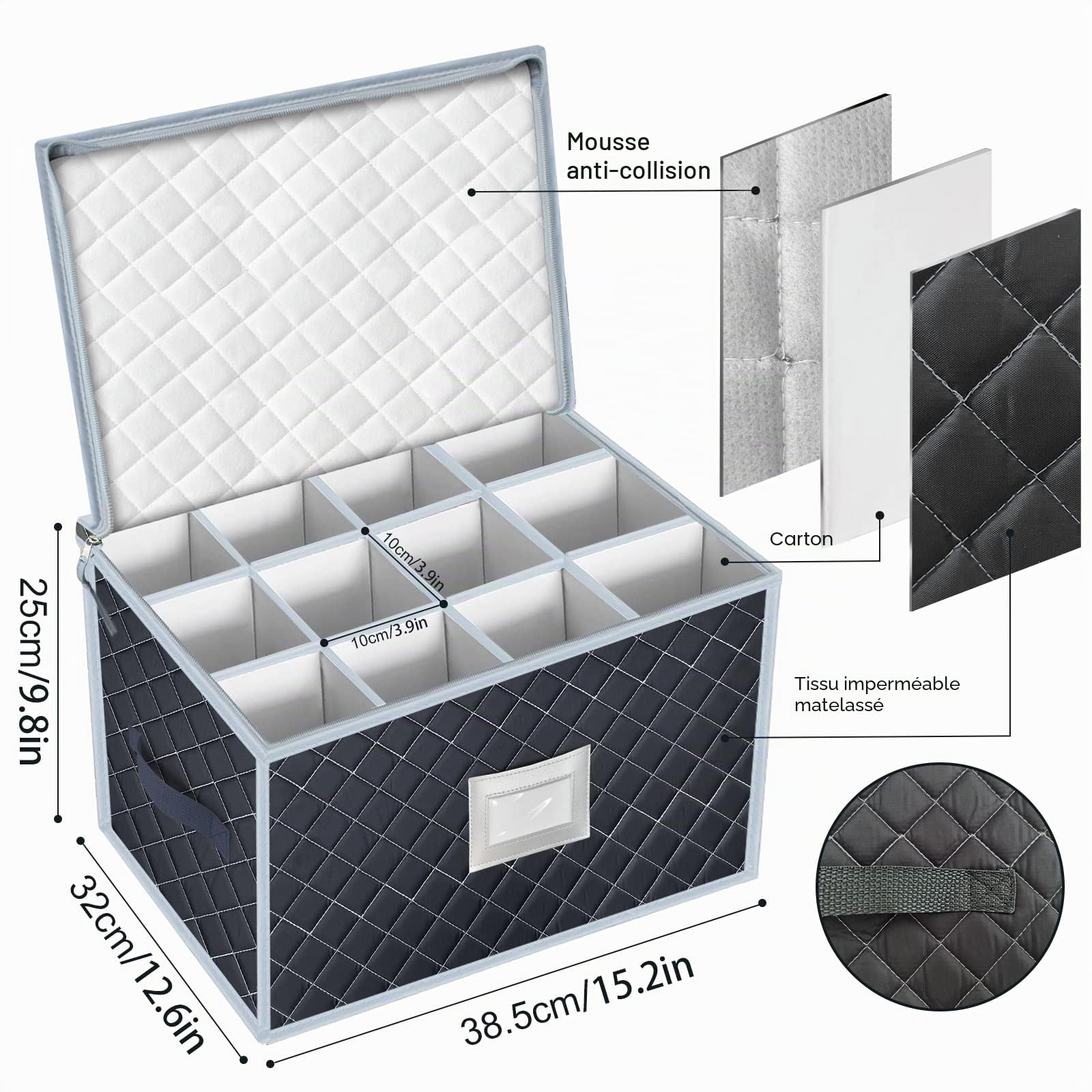 Lot de 2 boîtes de rangement pour verres à vin, porte-verres à pied, mallette en tissu portable avec 12 séparateurs pour verrerie en cristal, cuisine, camping, fête, voyage, caravane (gris)