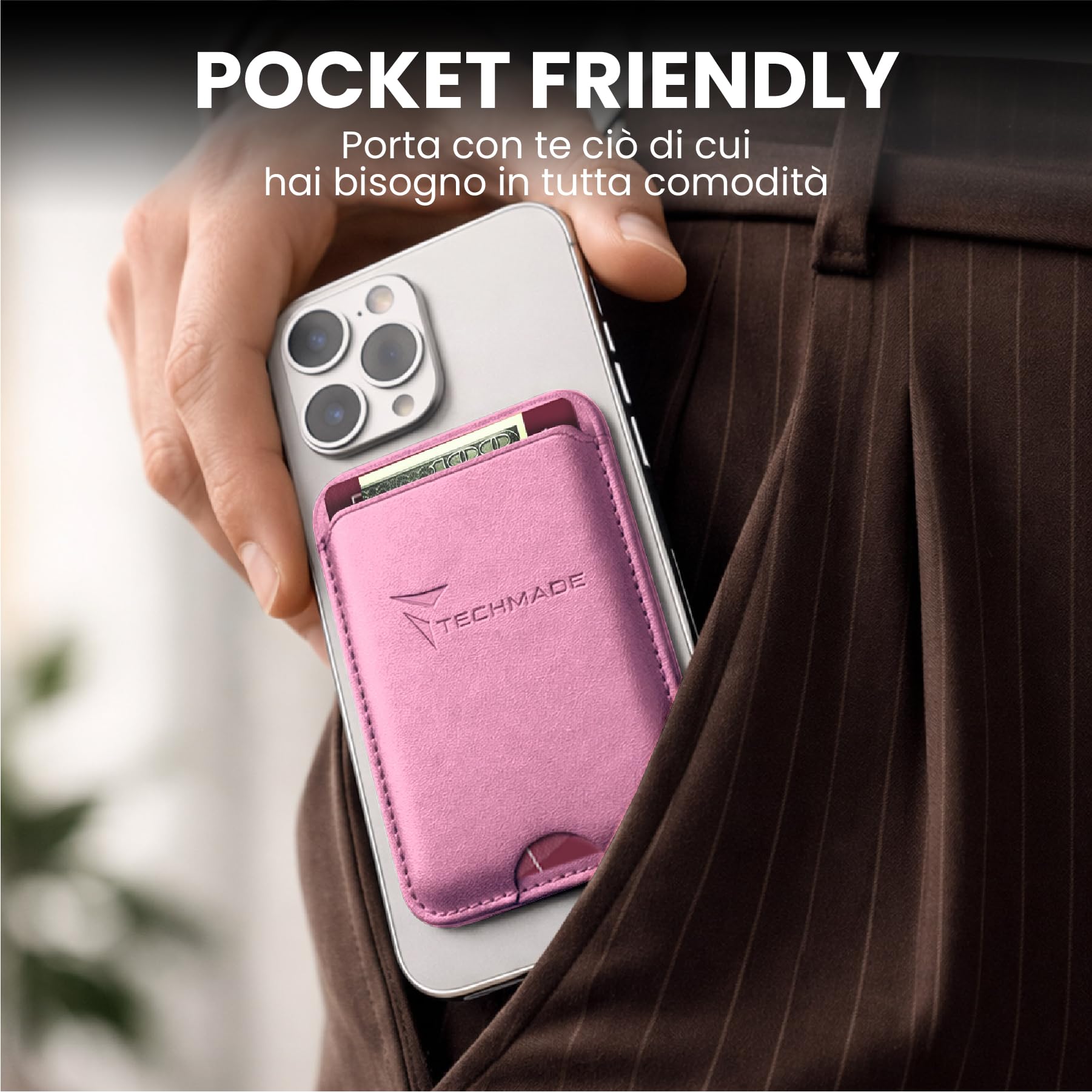 TECHMADE Portacarte MagSafe Compatibile per iPhone, Anello Adattatore Incluso - Spazio per 3 Carte o Contanti, Sistema di Estrazione Rapida - Blocco RFID, in Eco-Pelle Vegana (fucsia)