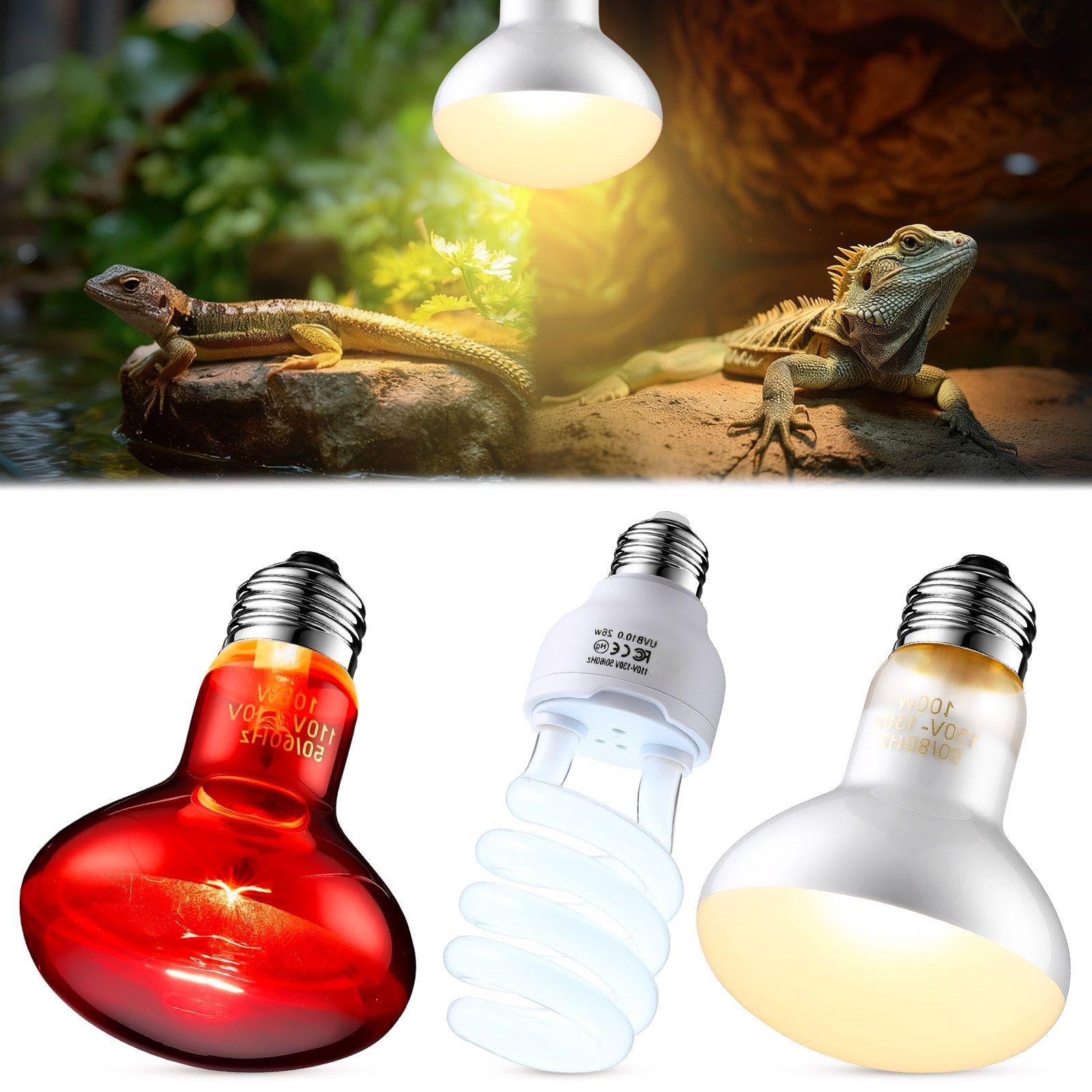 VIHOSE 3 Pcs Reptile Heat Lamp Combo, Include 100w UVA Day Heating Lamp and Infrared Heat Bulb, 26w Energy Saving UVB Bulb, Basking Light for Reptiles Bearded Dragon Turtles Snake Lizard