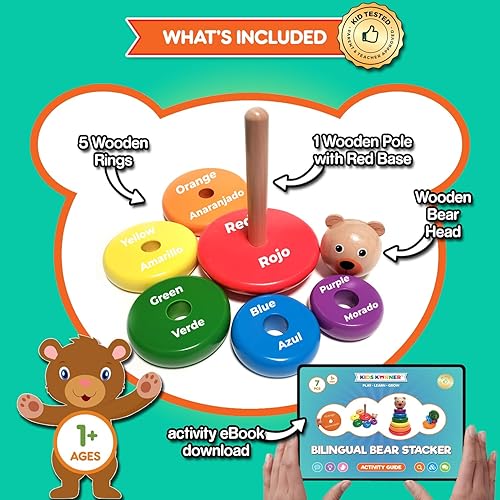 Miniatura 2 de Juguetes para bebés anillos apilables de madera juguetes educativos bilingües para niños de 2 años  Aprende los colores del arco iris en inglés y