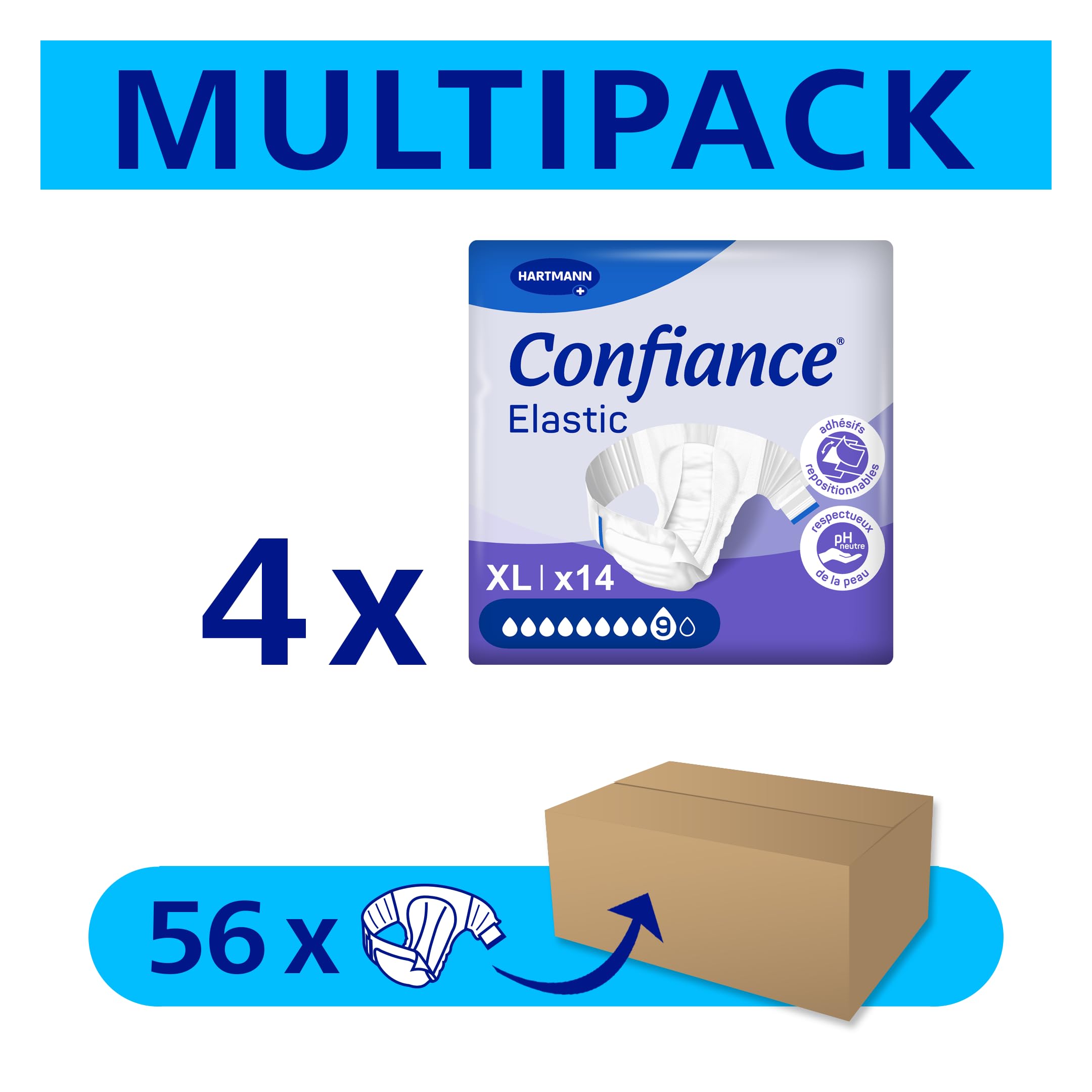Confiance Elastic – Cambios completos para hombres y mujeres – Nivel de absorción = 9 gotas (fugas urinarias importantes) – pH neutro a la piel – Material suave – Talla XL – 4 x 14 Unidades | 4 x 14 unidades, protecciones para fugas de orina significativa