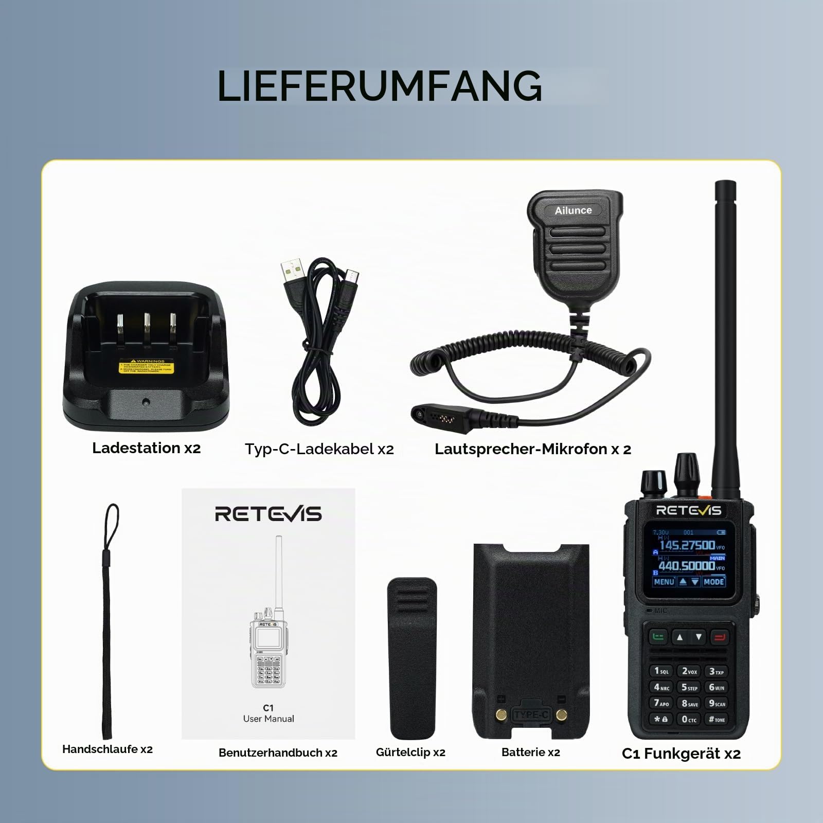 Retevis C1 Dual Band Amaeurfunkgerät mit Mikrofon, Walkie Talkie Long Range, Wasserdicht IP67, Rauschunterdrückung, Anrufalarm,1800 mAh, Portable Radio für Waldrettung (Schwarz, 2 Stück)
