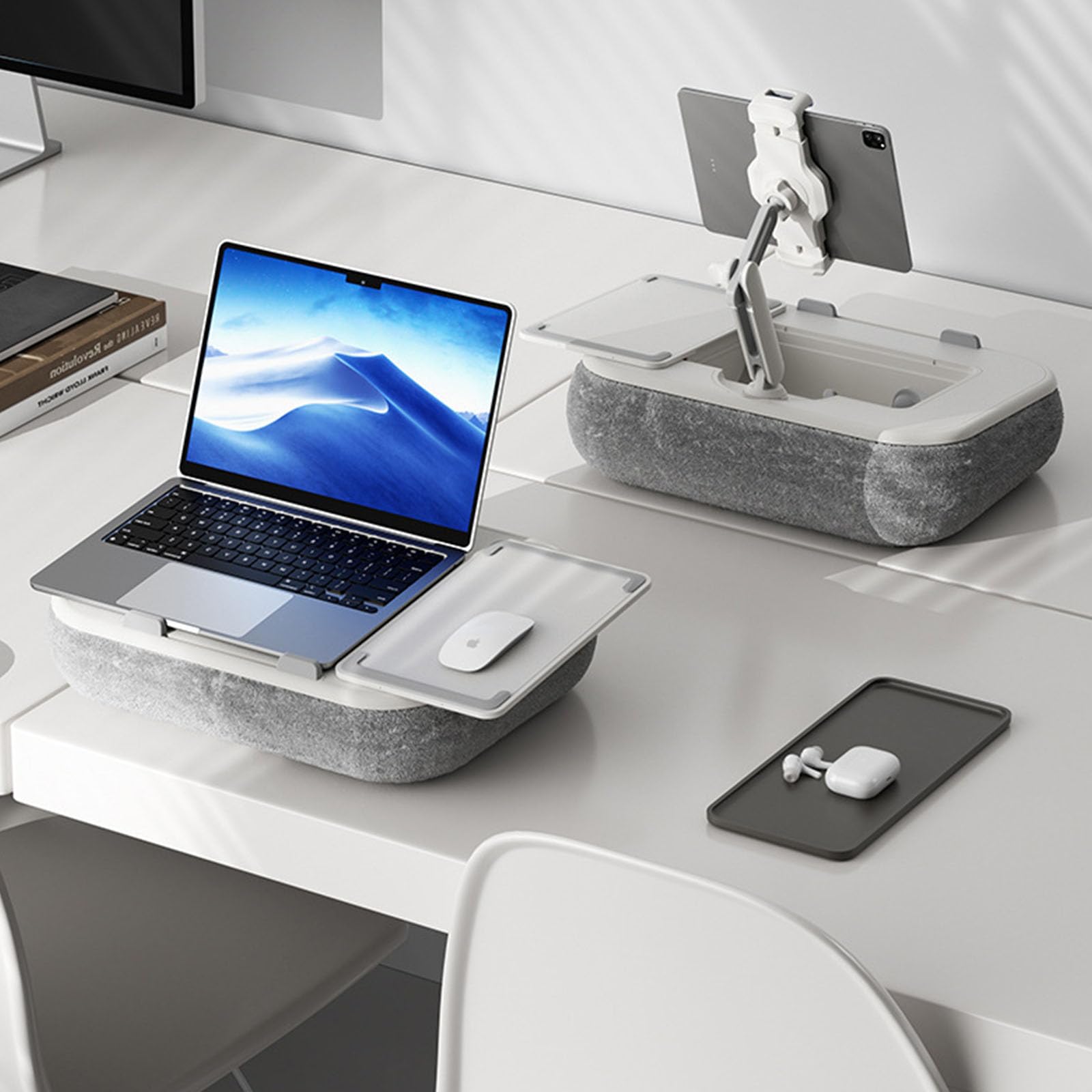 Soporte plegable para tableta portátil con soporte para bebidas y espacio de almacenamiento, estructura compacta para viajes en interiores Soporte de teléfono giratorio