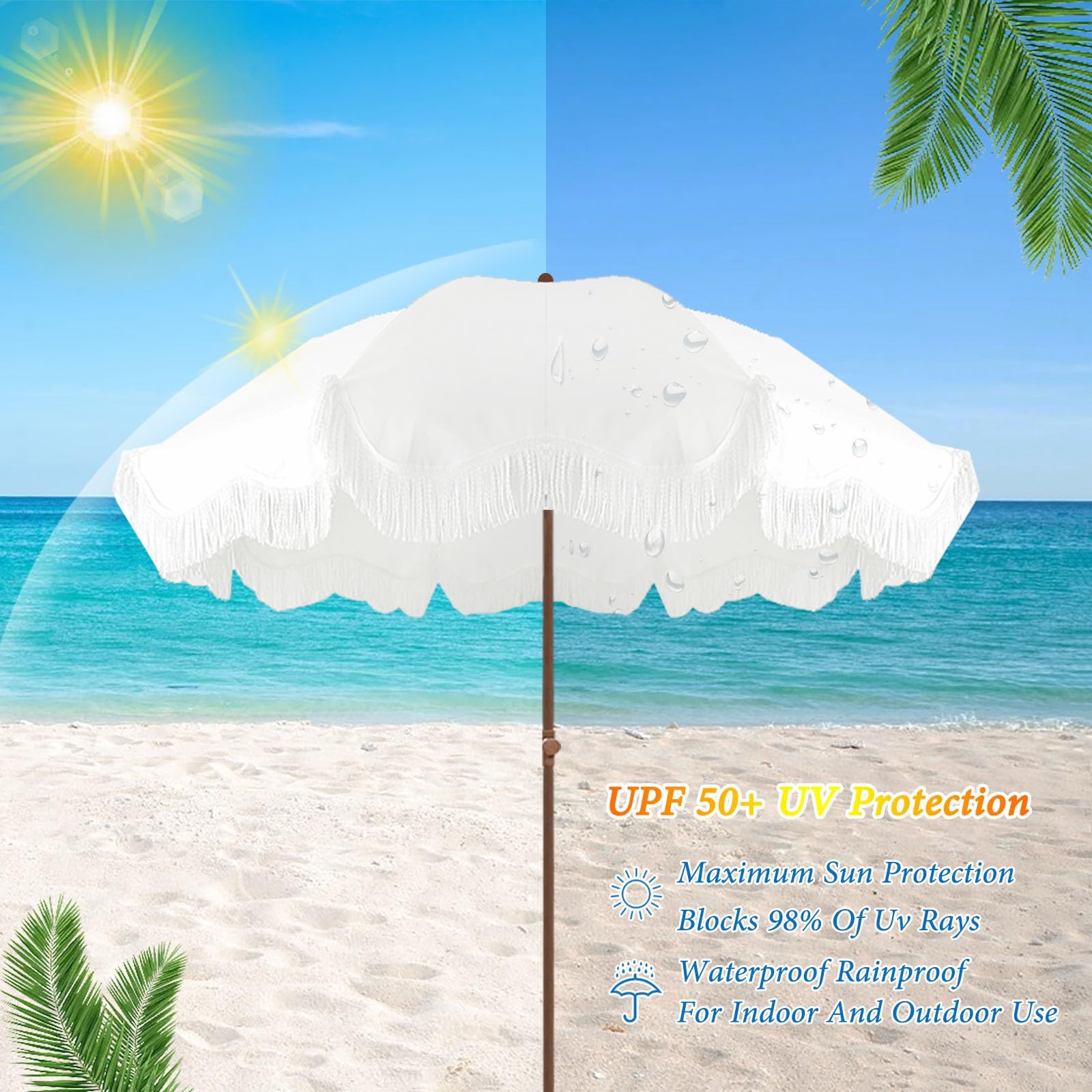 ELZEM 180cm Sombrilla Playa Antiviento Blanco Parasol Jardin Protección UV50+ Sombrilla Terraza Con Flecos Parasol Terraza Inclinable Para Terraza Jardin Piscina/Bolsa De Transporte 8 Varillas