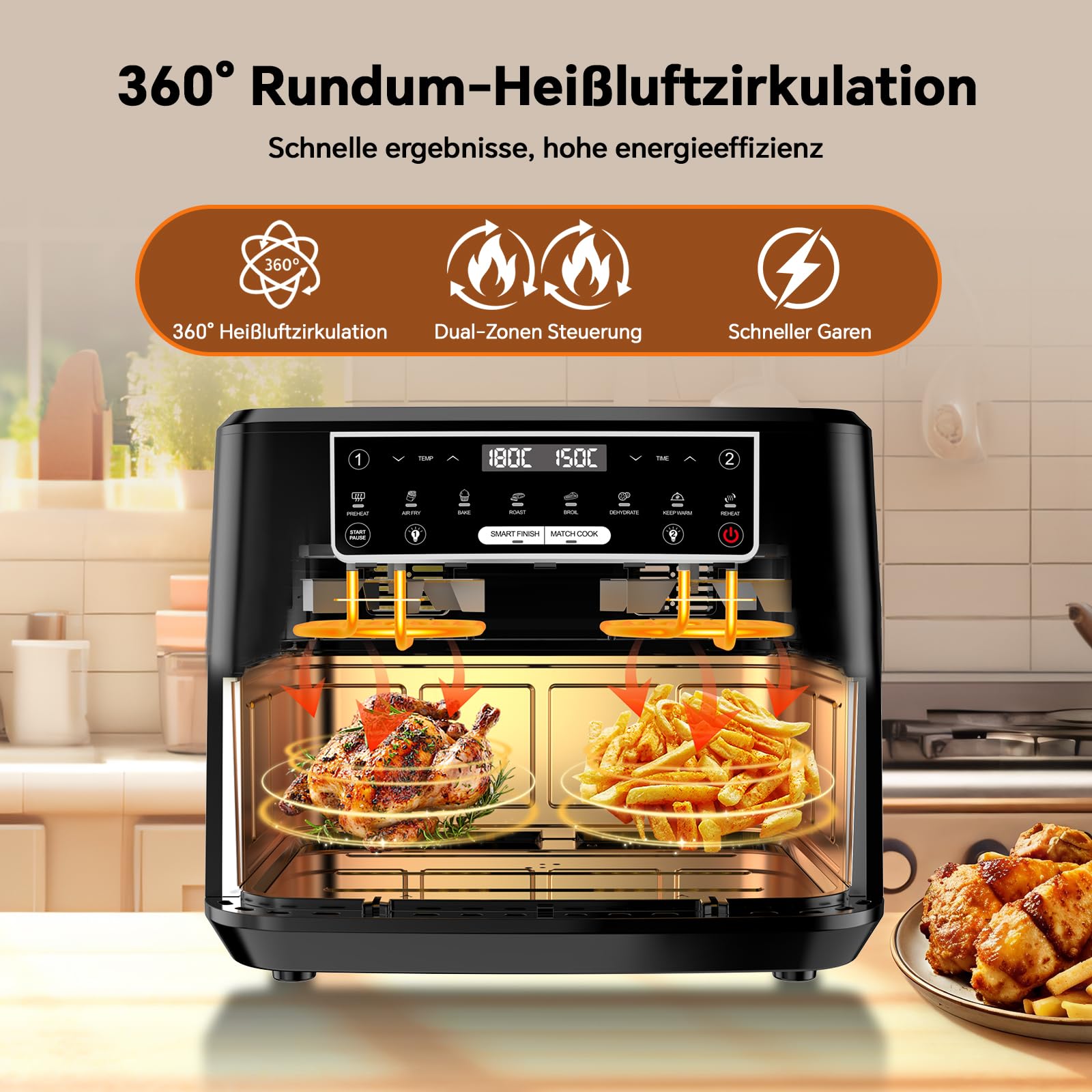 Heißluftfritteuse 12L | Air Fryer XXL Variabel für Einzel und Zweikammer, 2600W Doppel-Heizelement Separate Temper mit Sichtfenster und Innenlicht, Airfryer Doppelkammer 8-in-1 Touch-Steuerung Rezept