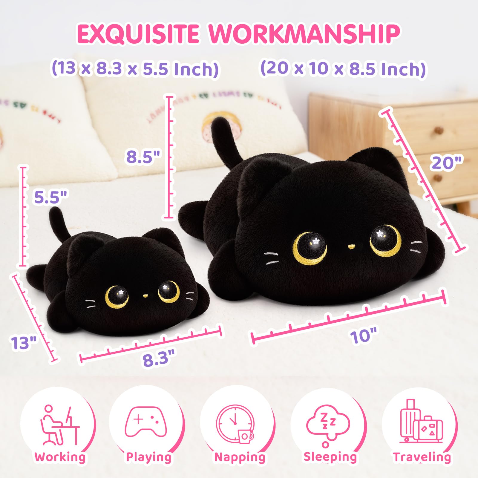 Simpatico cuscino di peluche per gatti neri Kawaii, gatto nero, peluche Squishy, cuscino in peluche per bambini e ragazze (20 pollici)