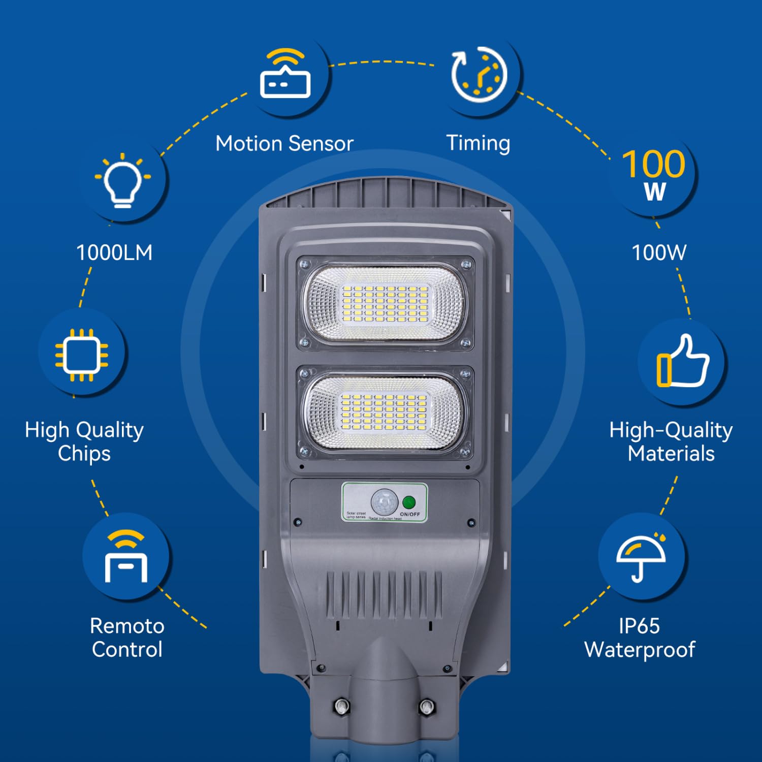 Aigostar - Farola solar exterior con sensor de movimiento, mando a distancia, 100W luz blanca. Foco solar LED para exterior con temporizador, impermeable protección IP65. No incluye soporte.