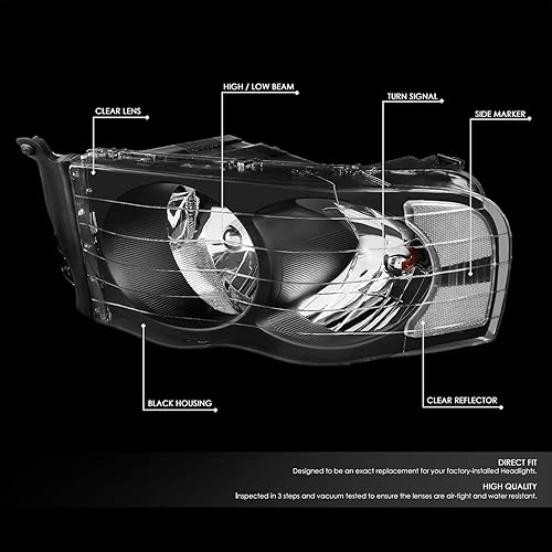 Miniatura 2 de DNA MOTORING Par de faros delanteros compatibles con Dodge Ram 1500 2500 3500 02-05, izquierda y derecha, carcasa negra, esquina transparente,