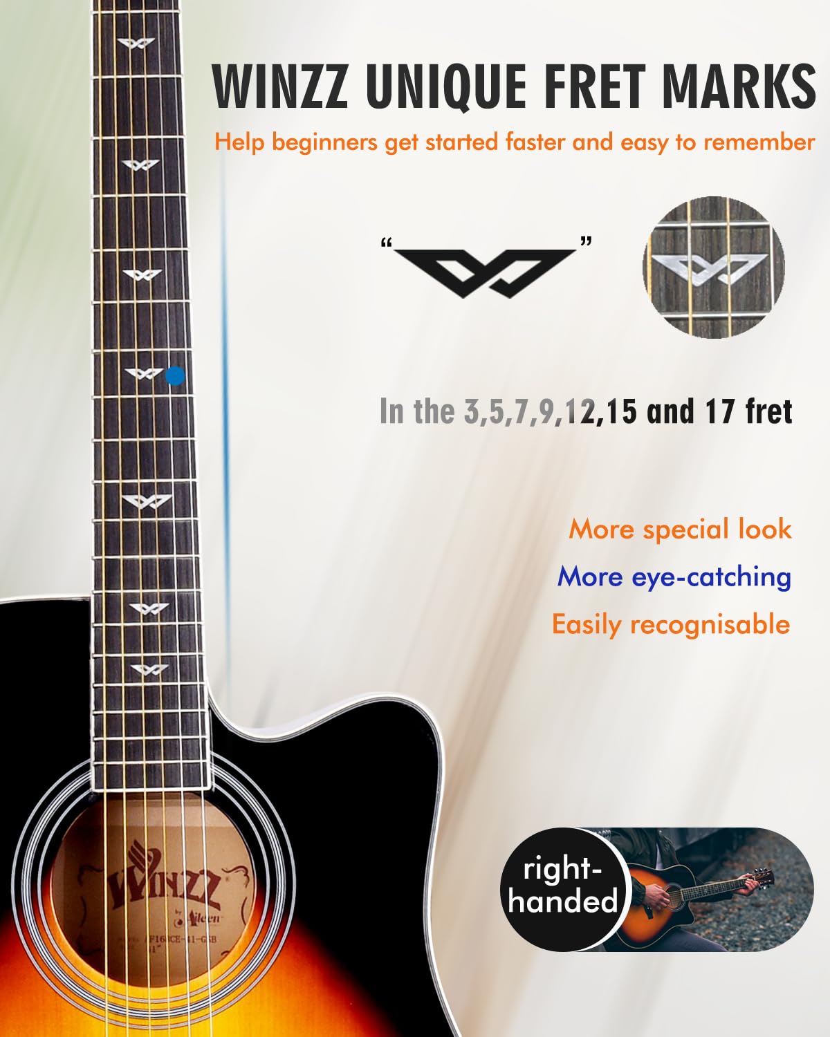 Winzz Acoustic-Electric Guitar 4/4 Full Size for Adults Beginners and Teens,6 Steel-String Acustica Guitarra Starter Kit, 4-Band Equaliser, 41" Dreadnought Cutaway, Glossy Sunburst, Right Hand