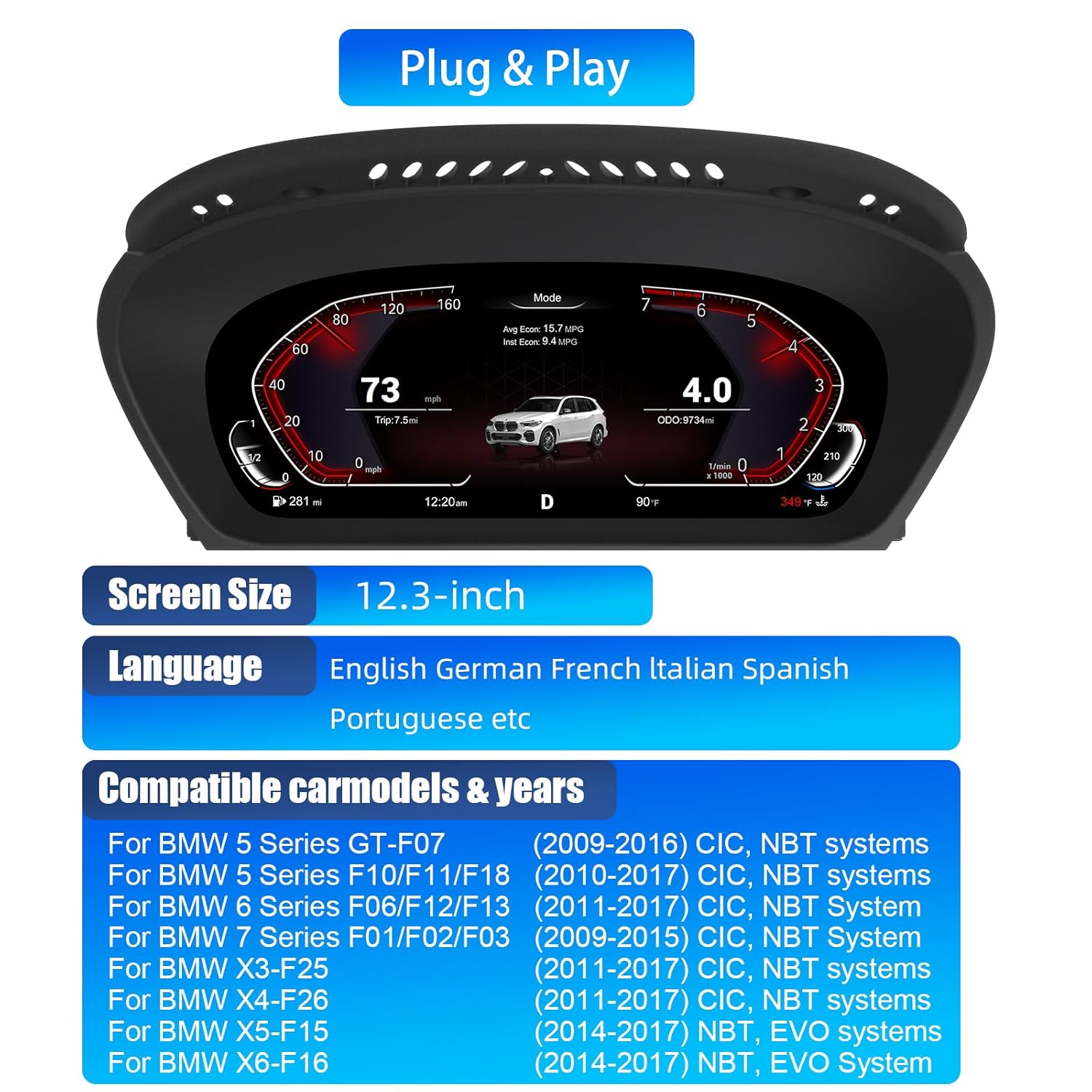 12.3 inch Digital Gauge Cluster Virtual Cockpit for BMW 5 Series X5 E70/ X6 E71 2007-2013 Years, LCD Digital Panel Replaces Digital Instrument Cluster, Plug&Play, Simple Installation, OTA Upgrade