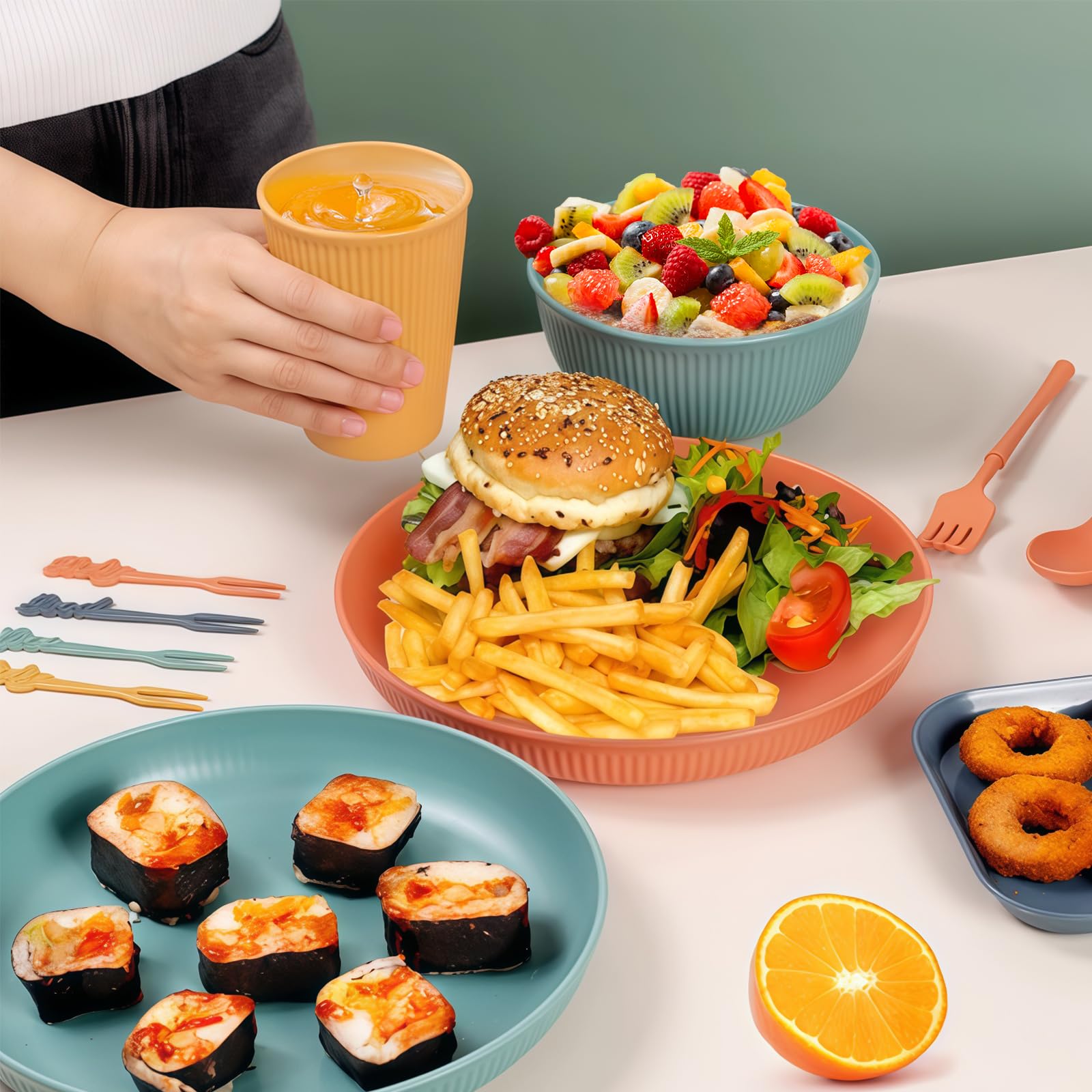 Ensemble de Vaisselle en Plastique Réutilisable pour 4 Personnes, 48 Pièces Incassables pour Camping, Pique-Nique et Fête, Assiettes, Bols, Verres et Couverts Durables