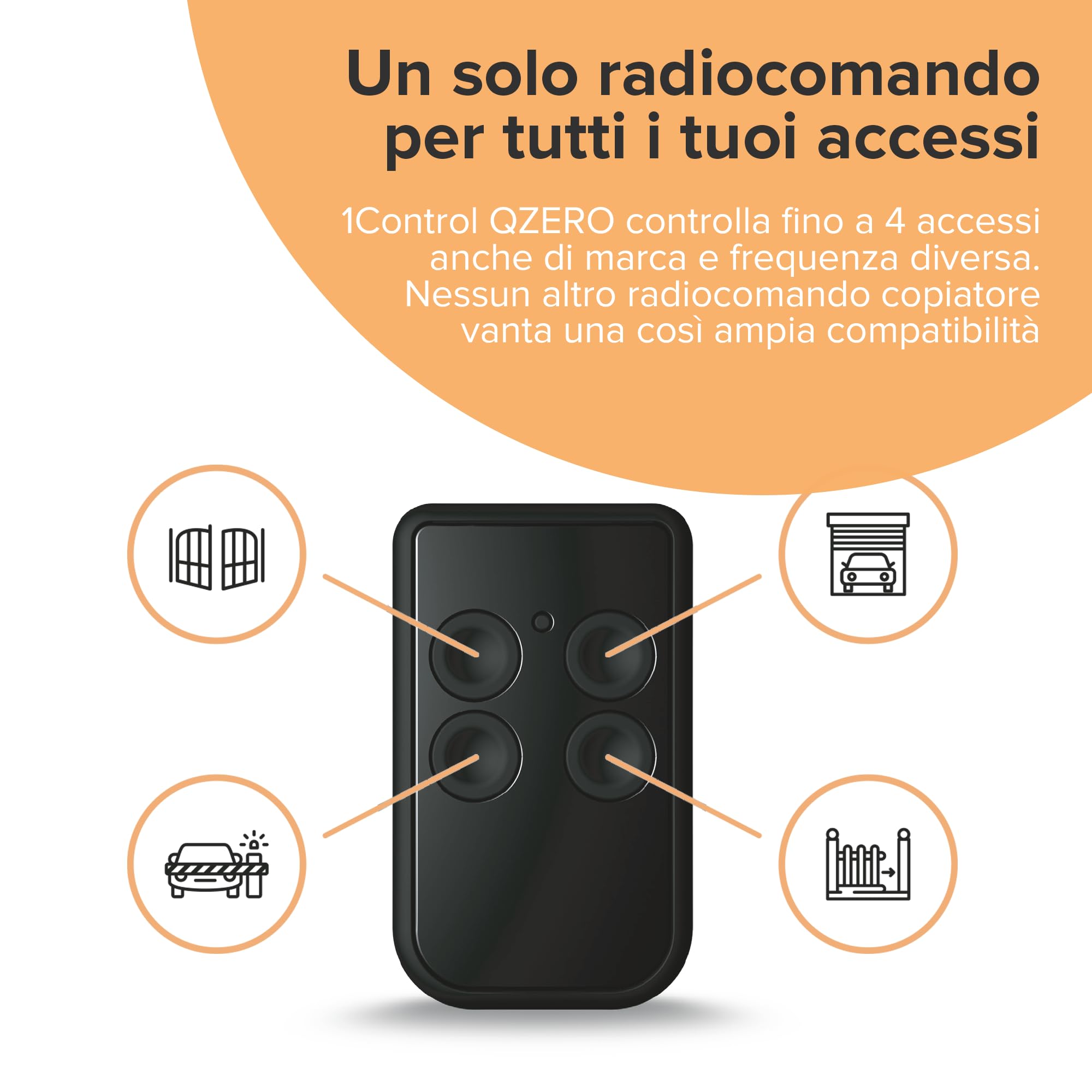 1Control QZERO, Radiocomandi Universali Quarzati a 4 Tasti. Sostituisce fino a 4 telecomandi Quarzati da 21 MHz a 47 MHz, anche di marche e frequenze diverse. Bianco - Made in Italy (Nero)