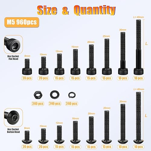 Miniatura 114 de Kadrick - Kit surtido de 2000 tornillos/pernos métricos M2, M3, M4, M5, con tuercas, arandelas planas y de seguridad, cabeza de botón hexagonal