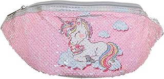 شنطة للخصر للبنات جلد صناعي بتصميم شكل نصف دائري ورسمة عيون يوني كورن مغطي بالجليتر مزودة بحبل- زهري