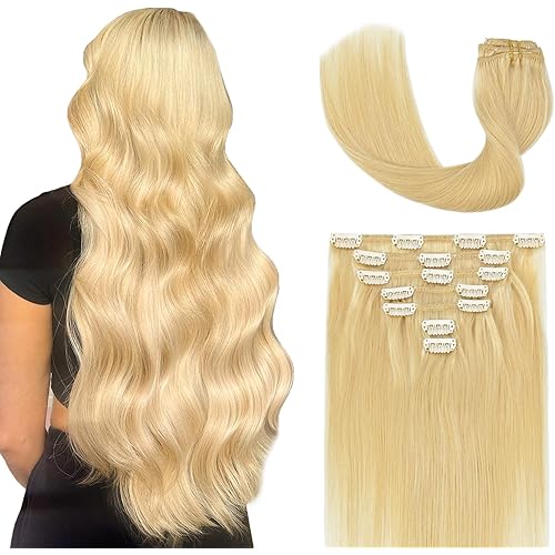 VARIO HAIR Clip in Hair Extensions Real Human Hair Bleached Blonde, 70g 18 Inch 7pcs Bleached blonde hair extensions clip ins 100% Remy Human Hair Silky Straight Weft Remy Hair Clip in