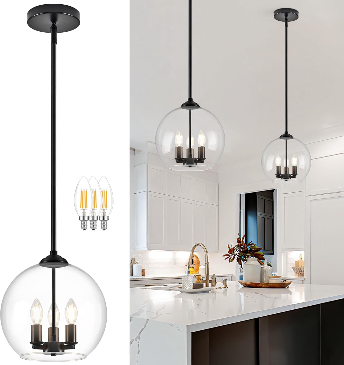 12" Globe Pendant Lights Kitchen Island Glass Globe Pendant Light Fixture Bedroom Mid Century Modern Pendant Lighting Black Pendant Light for Kitchen Island Dinning Room (Bulb Incl.) 12"-Clear Black 1-Pack