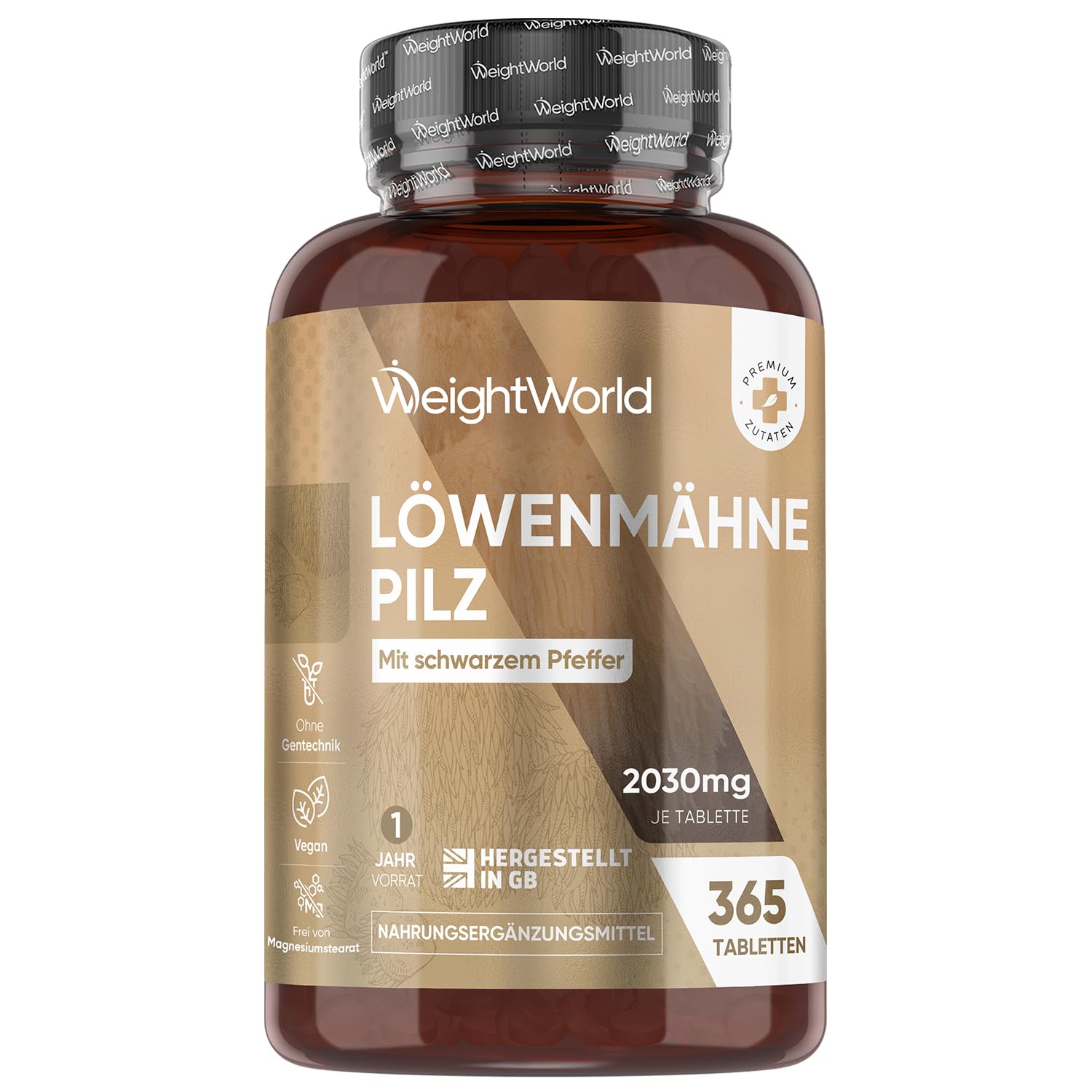WeightWorld Löwenmähne Pilz 365 Tabletten - 2030mg je Tablette - Lions Mane | 50% Polyphenol, Lion's Mane Mushroom 25:1 Extrakt, Schwarzer Pfeffer Extrakt 4:1 (30mg), 1 Jahr Vorrat, Hericium Erinaceus