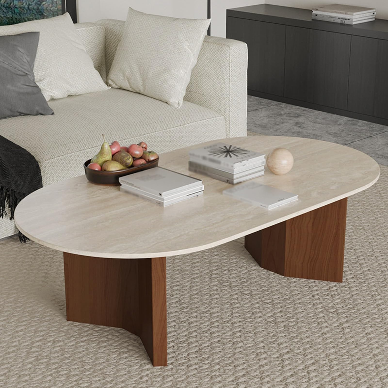 Mesa de Centro Ovalada para Sala Moderna, Tablero Piedra sinterizada, Base Madera Maciza, Mesa Minimalista para salón, Cocktail Tables para Apartamentos pequeños(100cm/39.4in)