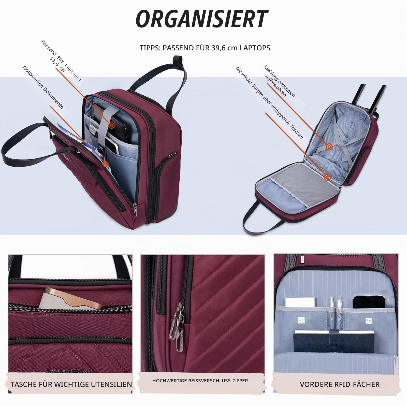 VANKEAN Laptoptasche mit Rollen16-Zoll-Multifunktions Undersitzer Leichtgewicht Overnight Koffer mit Rädern Rollenkoffer für Frauen Männer Reisen Business Arbeit, Violett