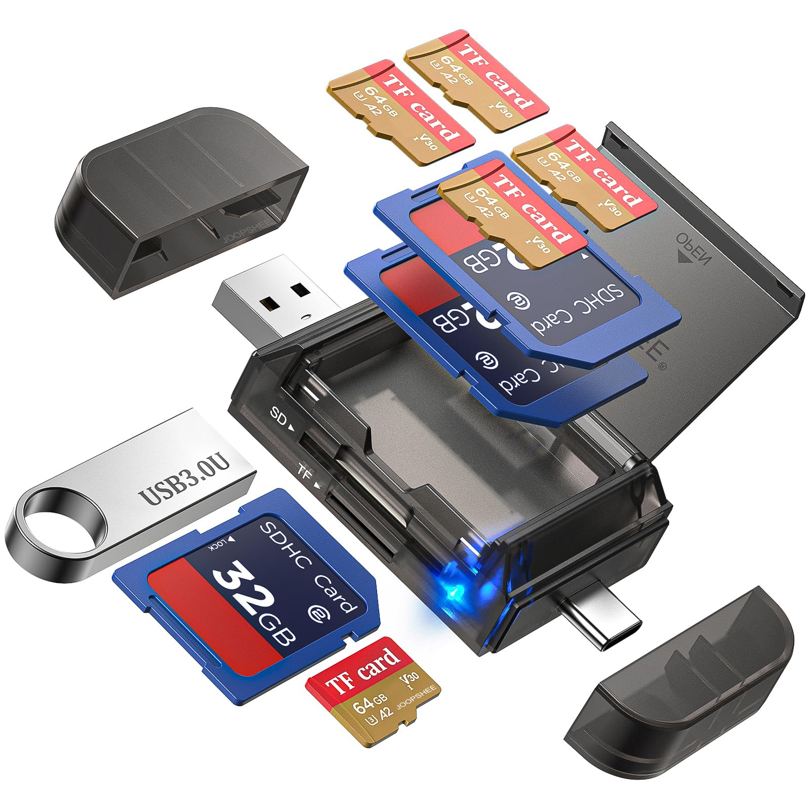 6-in-1 SD/TFカードリーダーアダプター（SDカードストレージ内蔵）USB A＆Type Cポート＆USB 3.0スロット対応、Micro SD/SDHC/SDXC/MMCメモリーカード用、PC・MacBook・Chromebook・Androidスマートフォン・i-Phone互換
