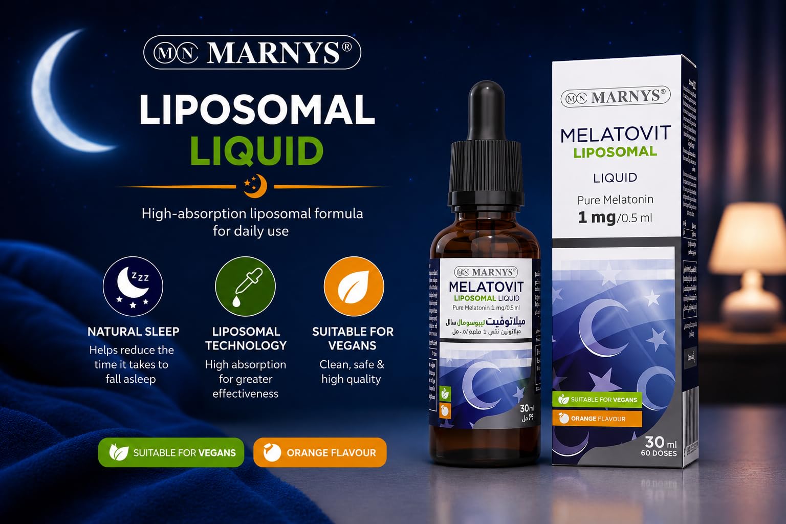 MARNYS Melatovit Liposomal Melatonin 1mg Drops 30ml, Liposomal Food Supplement to Help Reduce the Time to Fall Asleep, Easy-Dose Dropper for Restful Nights & Jet-Lag Relief