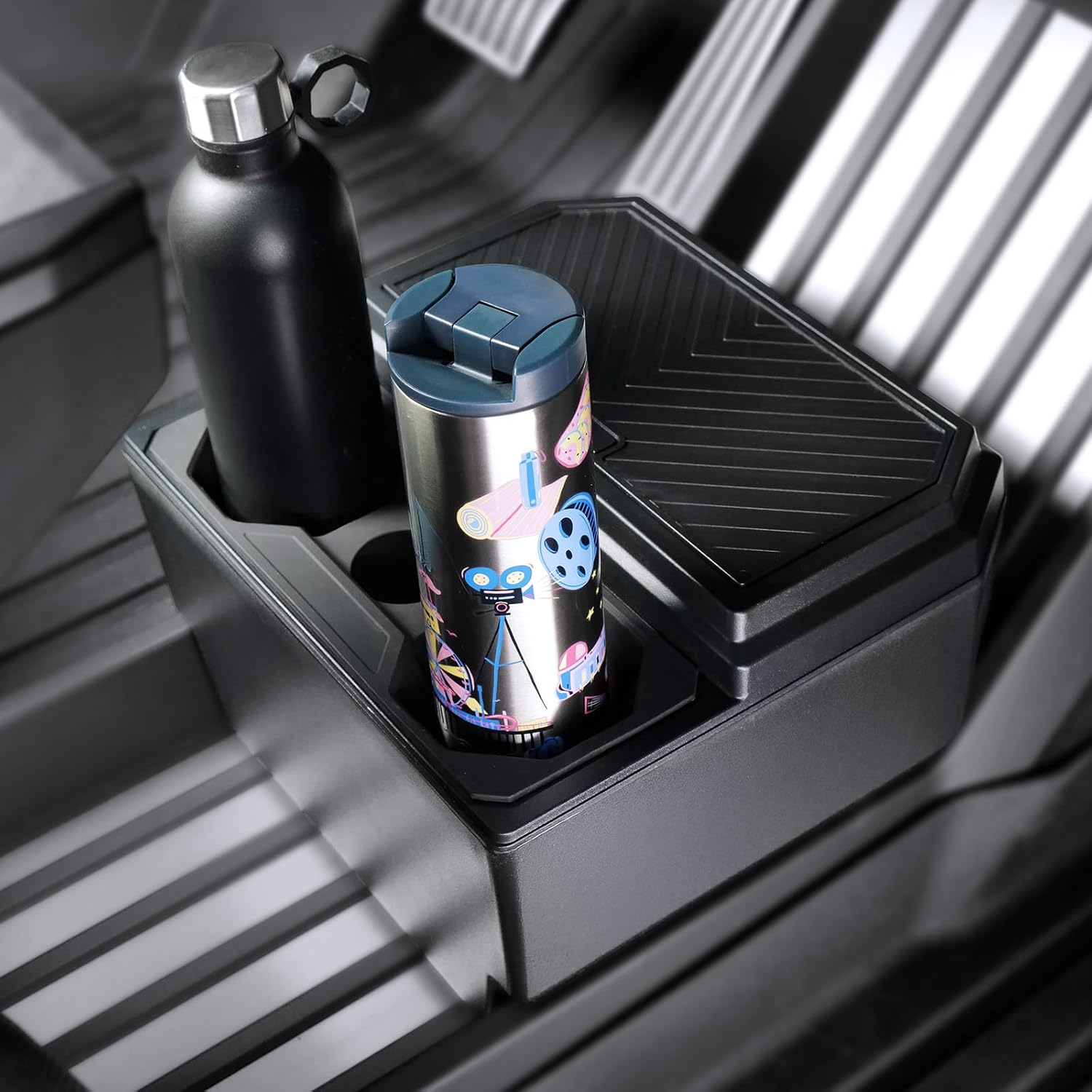 ELECFRESH for Cybertruck Accessories Front Lower Center Console Floor Organizer, Press to Open Storage Trash Can with Cup Holder fit for 42 OZ Size Cup for Tesla Cybertruck Accessories 2024 2025