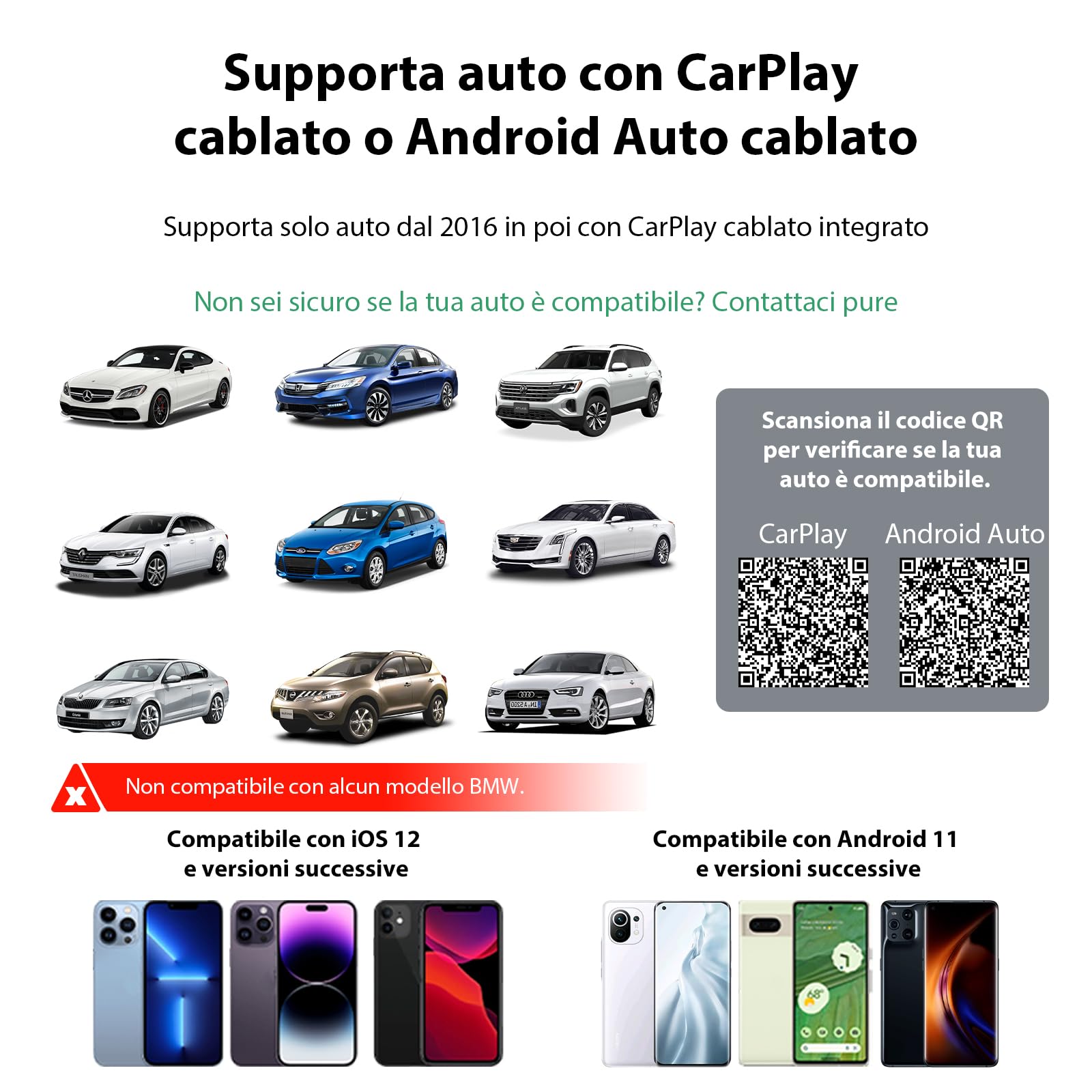 Adattatore wireless 2 in 1 per auto CarPlay e Android, mini dongle Plug & Play con USB-A e USB-C, converte CarPlay cablato in wireless, compatibile con iPhone e Android, Cars 2016+
