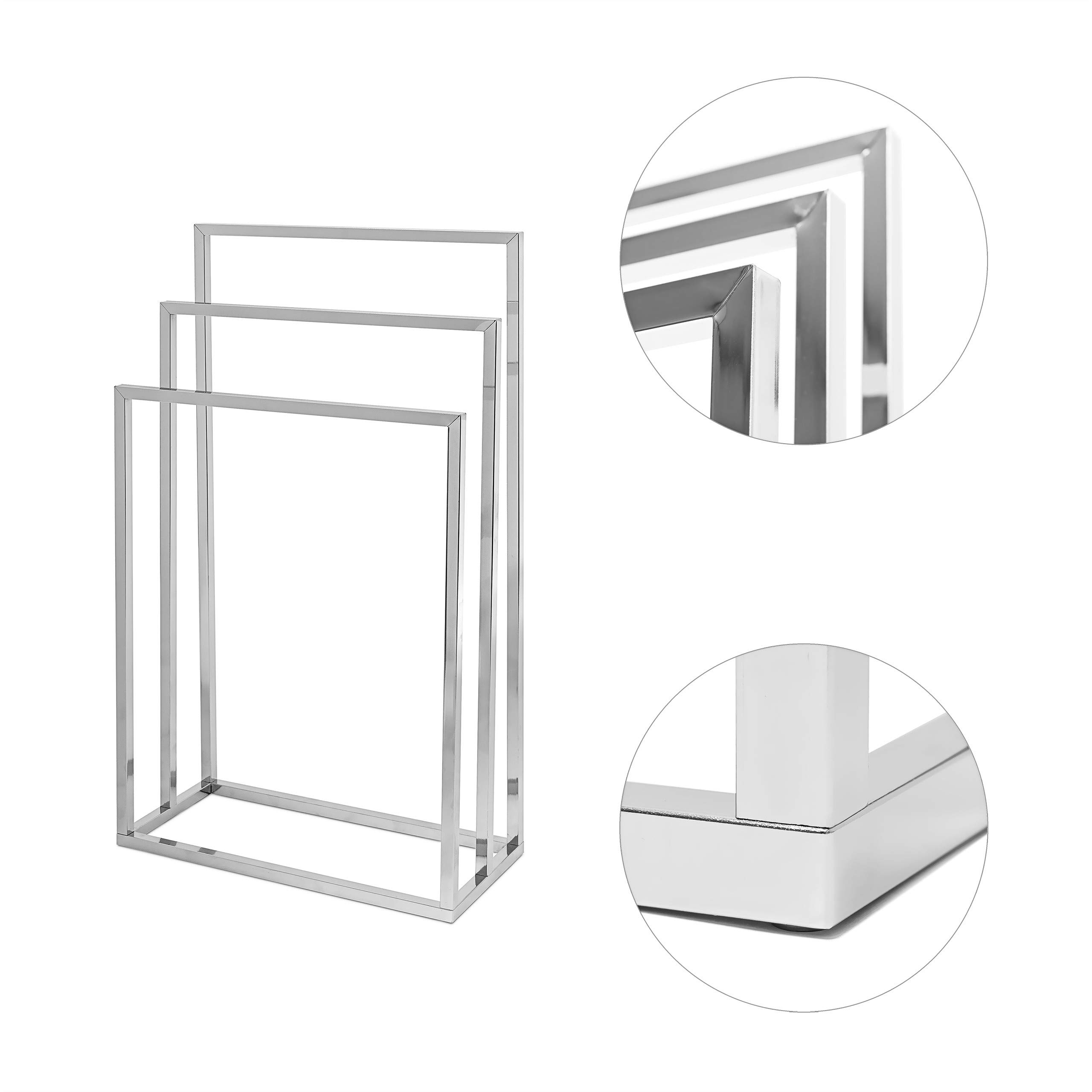 Relaxdays 10019256 Porte-serviettes sur pied avec base antidérapante 3 bras chromés en 3 hauteurs inox 82 x 46 x 21 cm support vêtement, gris argenté