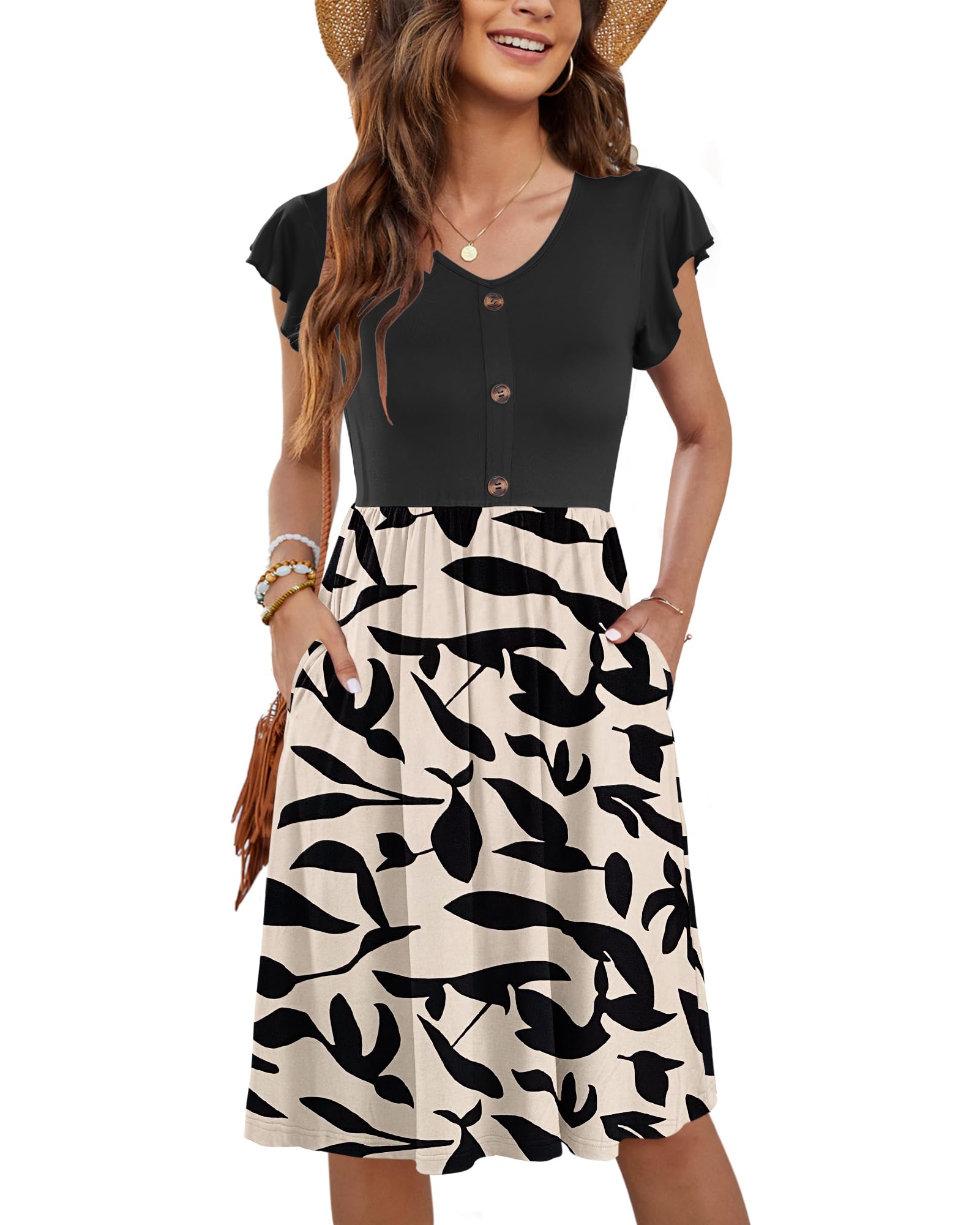 MOLERANI Damen Sommerkleider Rüschen Ärmel V-Ausschnitt Casual Swing Elastische Taille Midi Kleid mit Taschen S-2XL