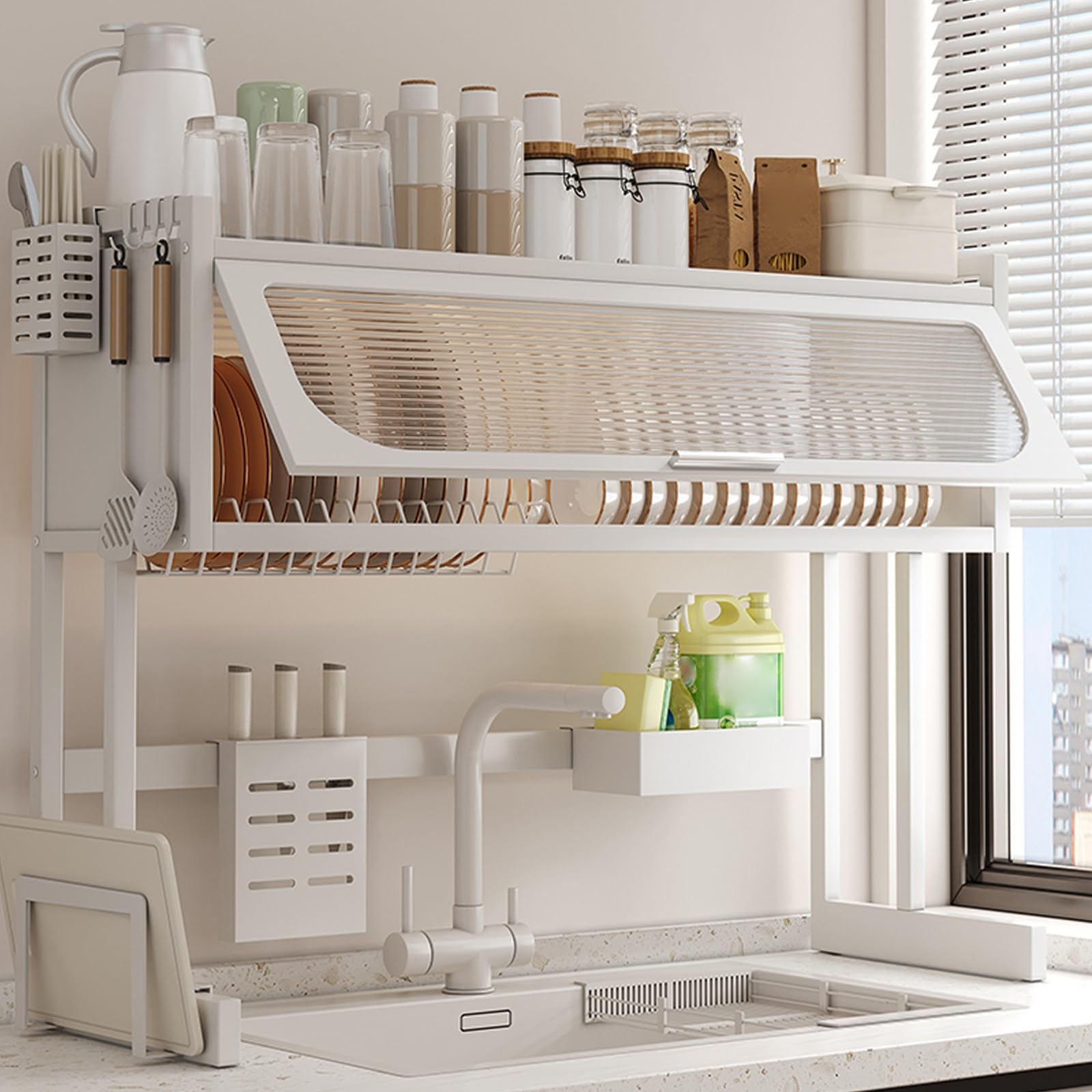 inless - Escurridor de platos de acero para colocar sobre el fregadero, organizador de cocina que ahorra espacio con soporte para cubiertos para platos y utensilios de cocina, diseño multifunción