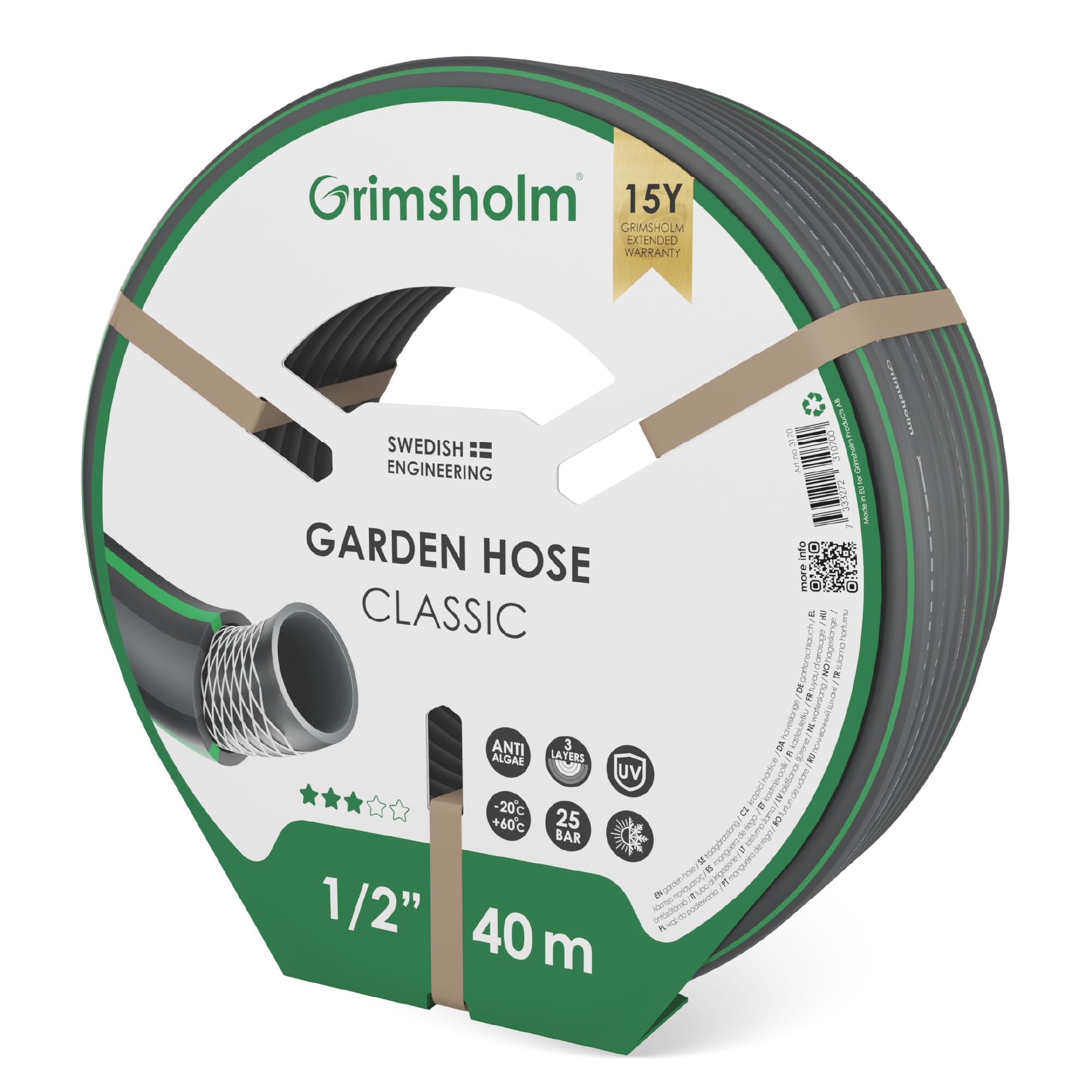 Grimsholm Tubo da Giardino Classic, 40 m, Resistente ai Raggi UV, Senza Ftalati e Metalli Pesanti, Pressione Massima 23 Bar