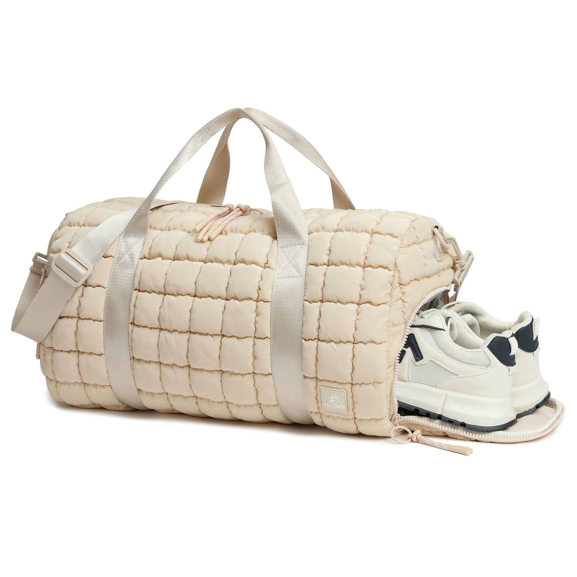 Quilted Duffel Bag for Women, Puffer Gym Duffle Bag with Shoe Compartment Lightweight Large Crossbody Sport Bag Travel Tote Beige